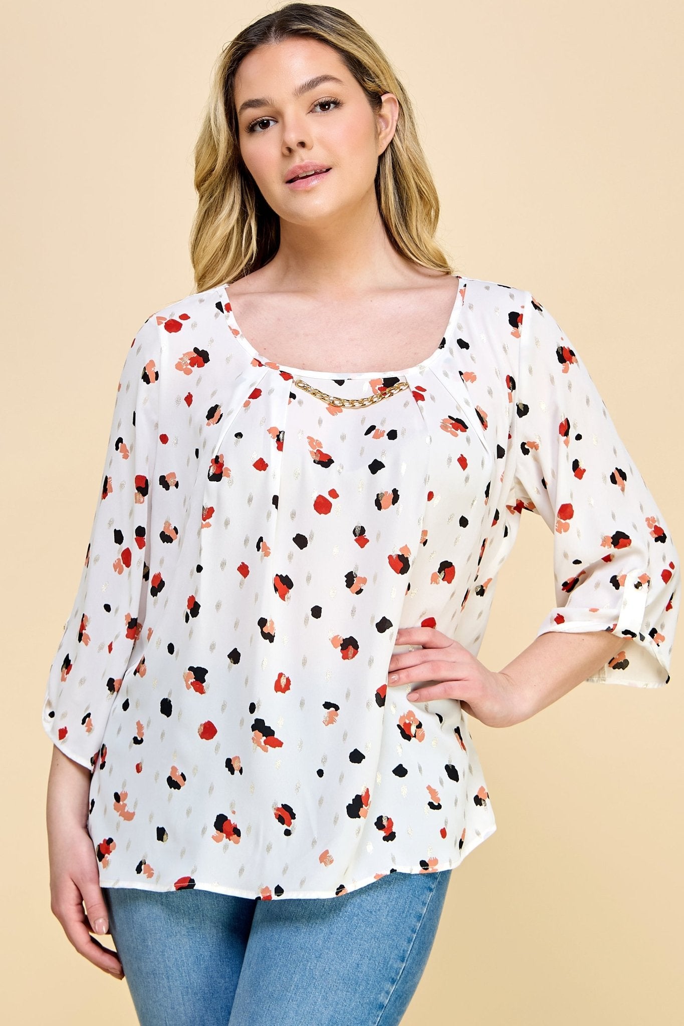 Sara Michelle Cheetah 3/4 Button Tab Sleeve Chain Trim Neck Blouse - Plus