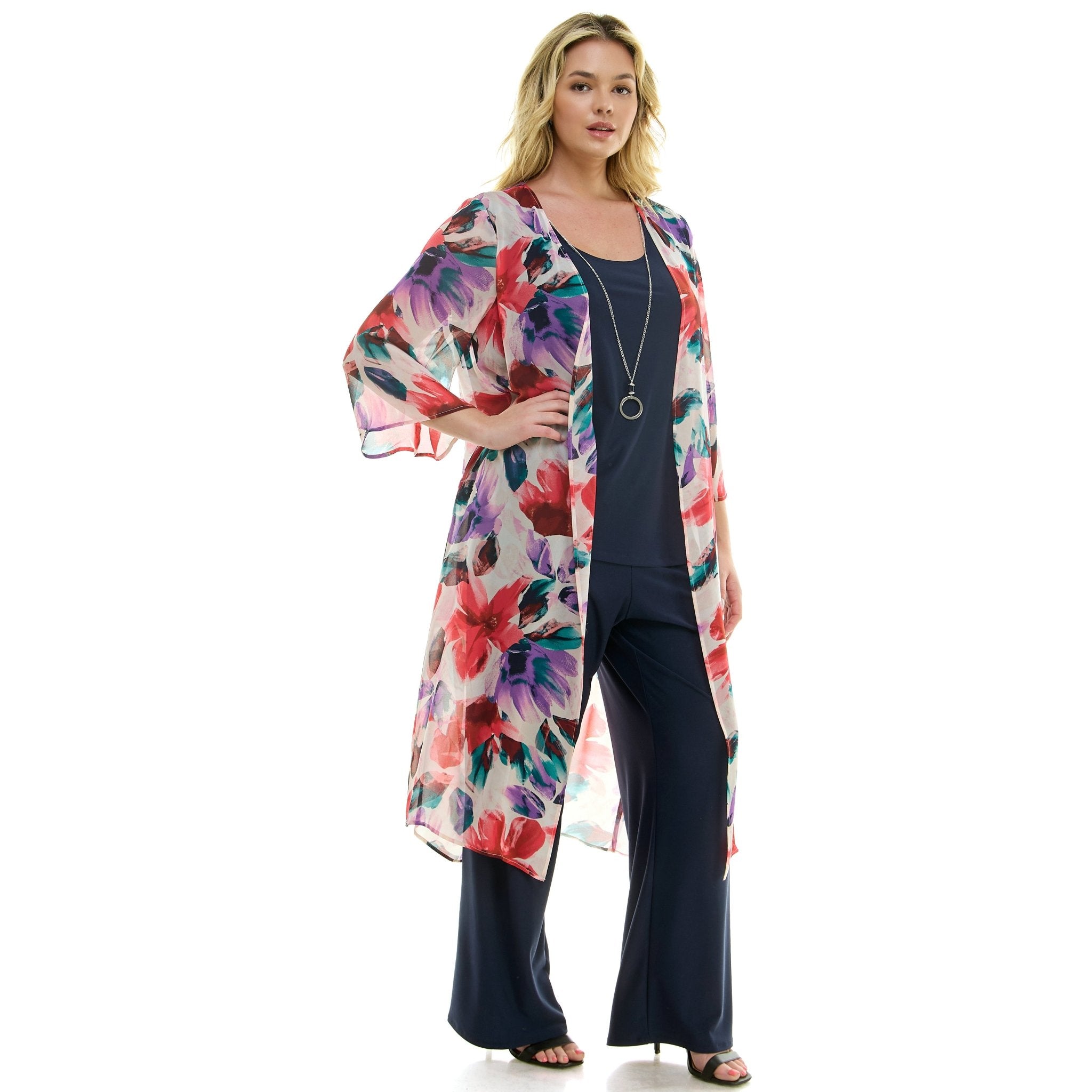 Sara Michelle Floral 3/4 2Fer Duster W/ Necklace And Elastic Pull On Pant - Plus