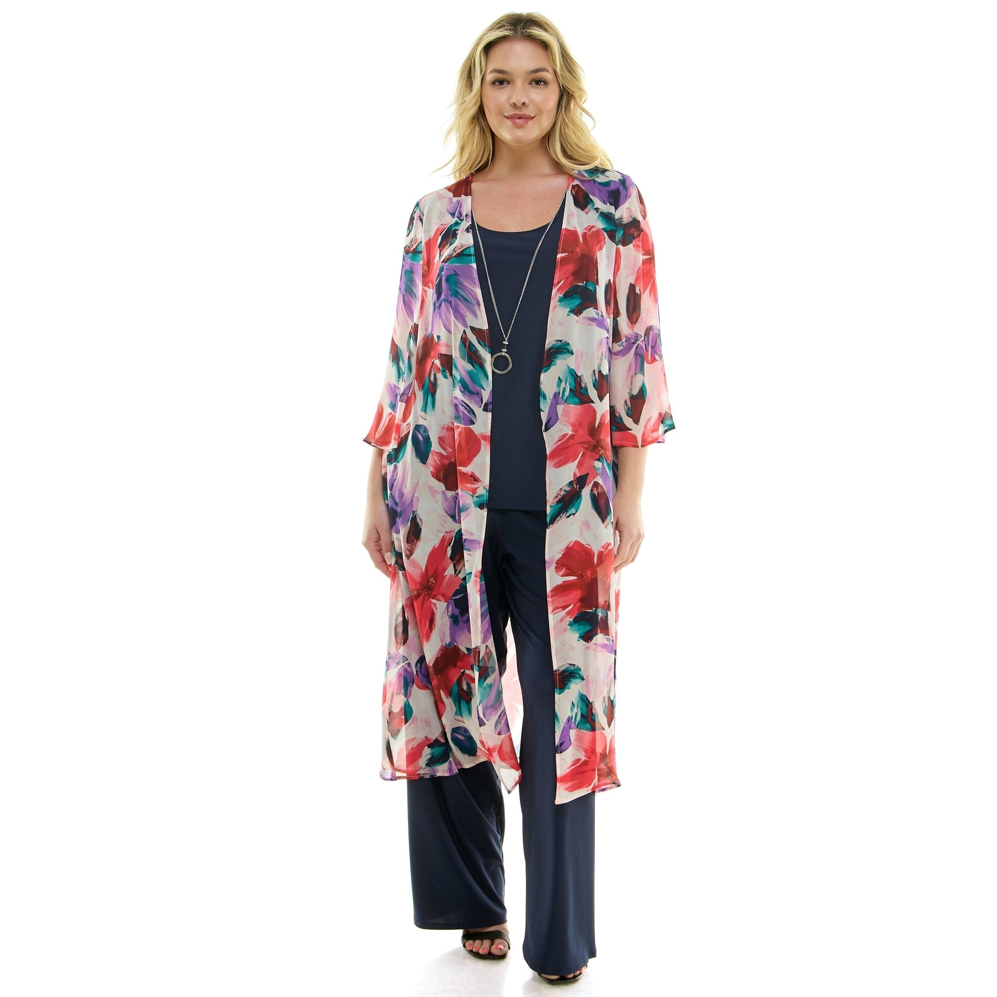 Sara Michelle Floral 3/4 2Fer Duster W/ Necklace And Elastic Pull On Pant - Plus
