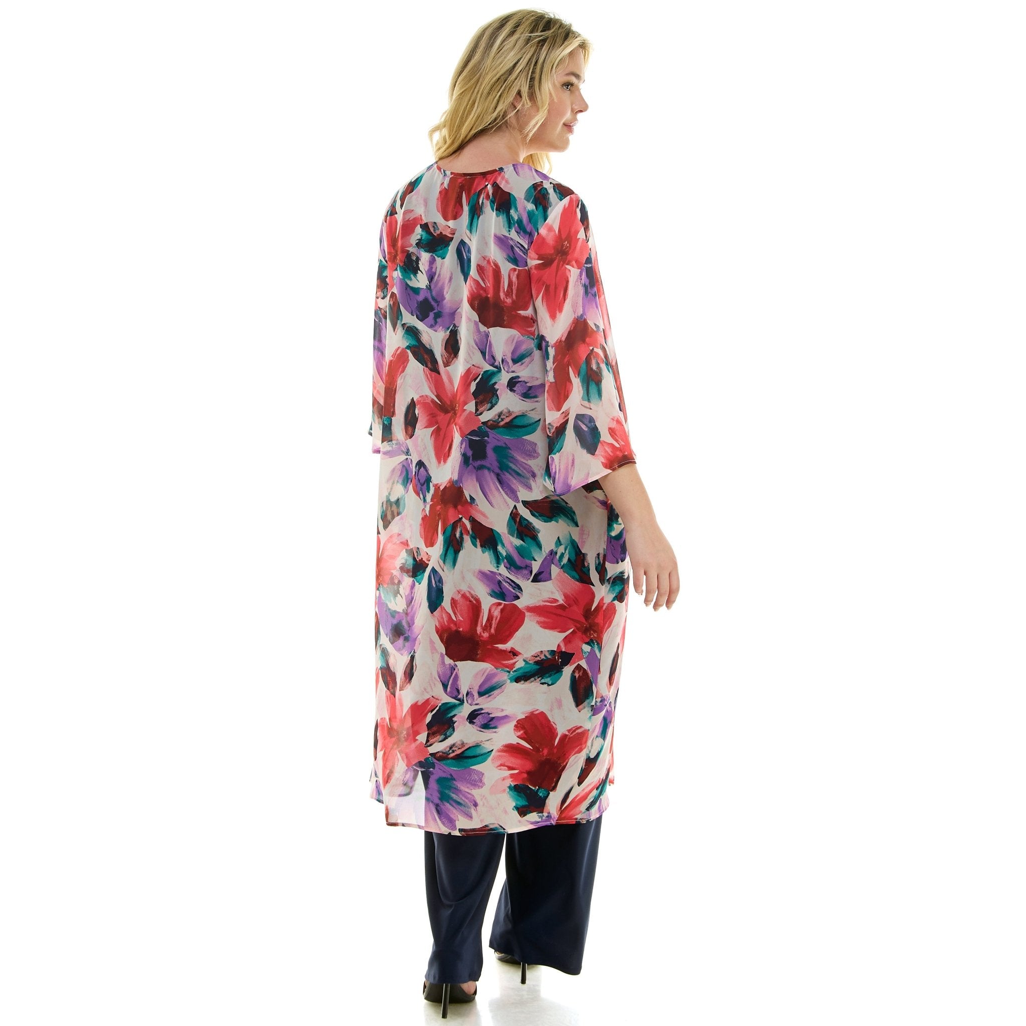 Sara Michelle Floral 3/4 2Fer Duster W/ Necklace And Elastic Pull On Pant - Plus