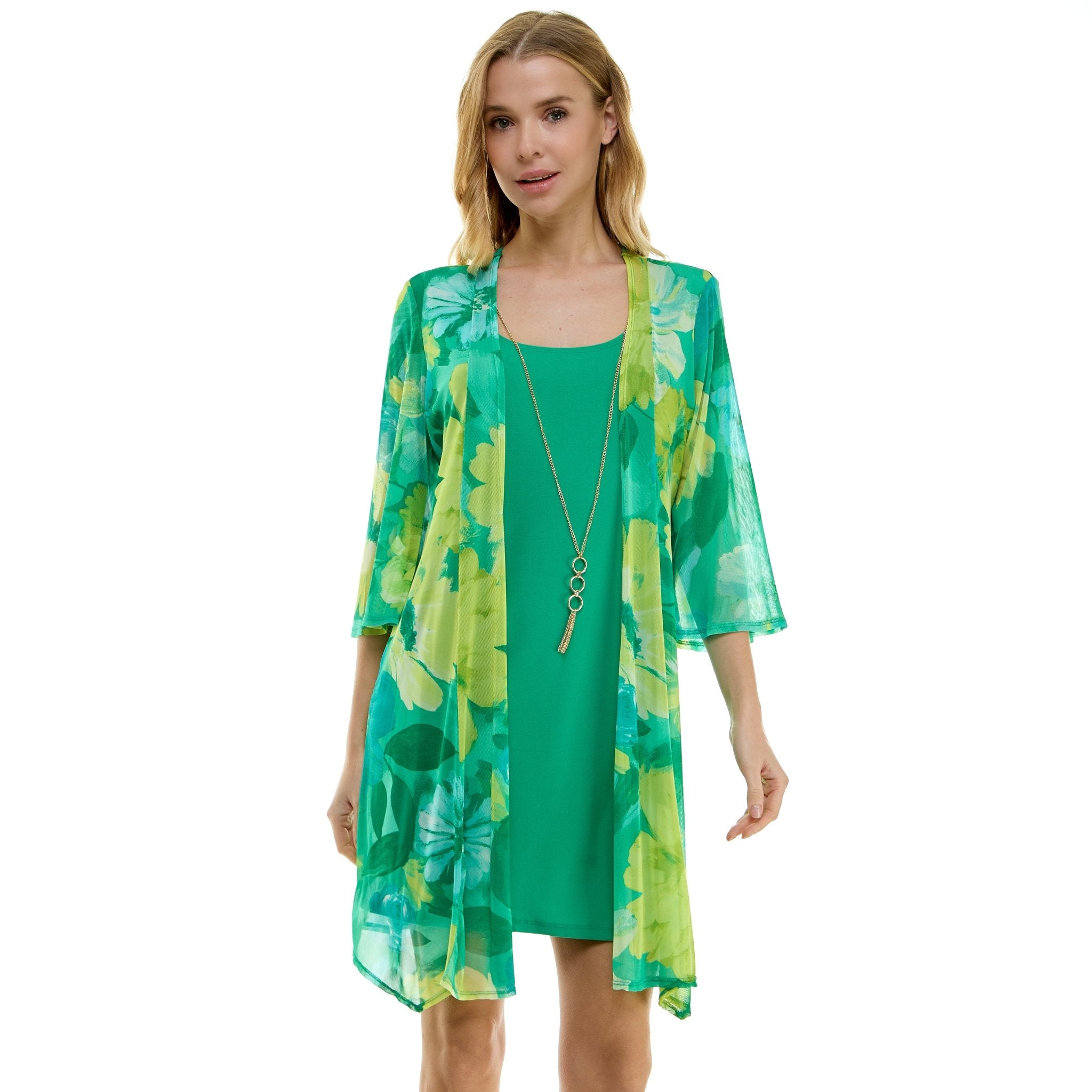 Sara Michelle Green Floral 3/4 2Fer Tank Dress W/ Necklace