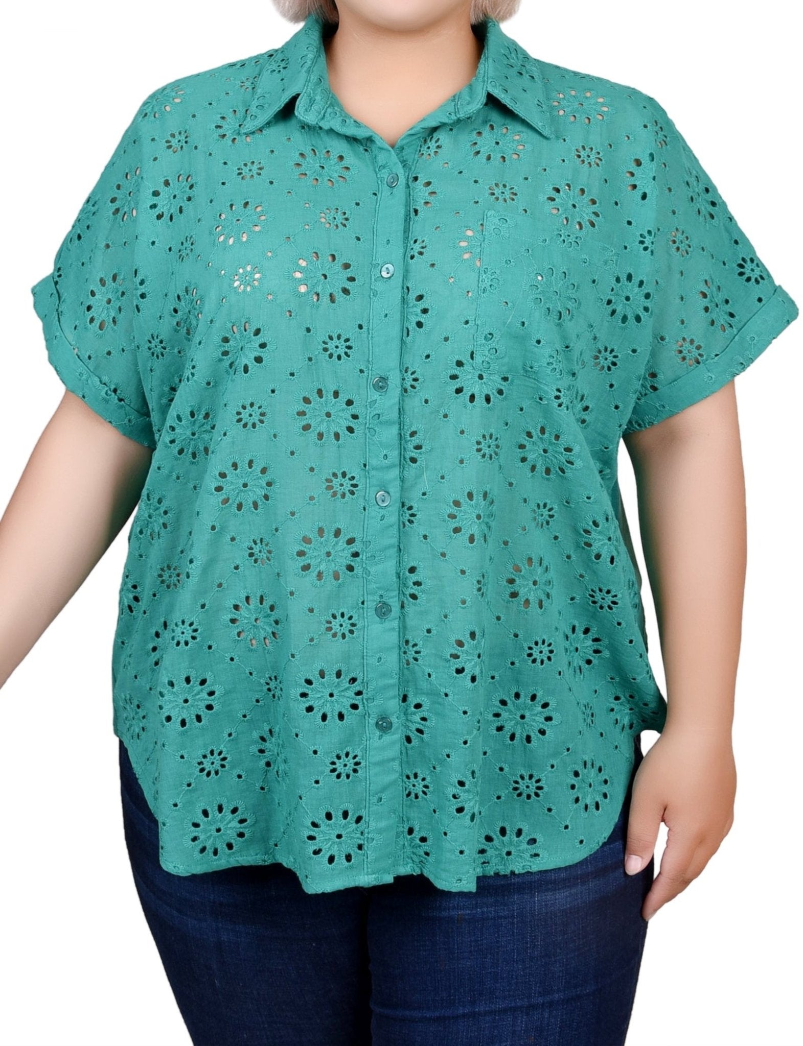 Short Sleeve Eyelet/Jersey Blouse - Plus
