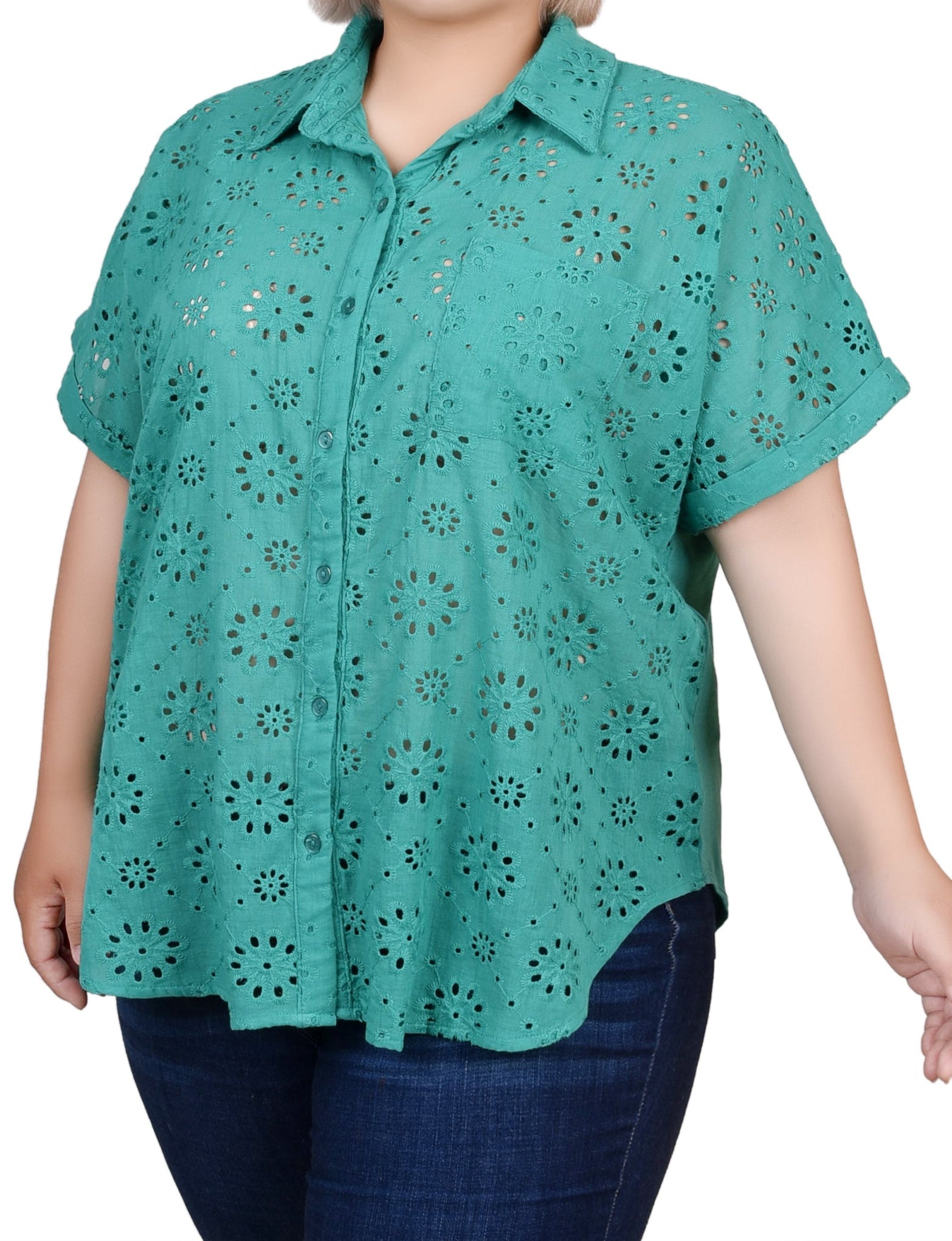 Short Sleeve Eyelet/Jersey Blouse - Plus