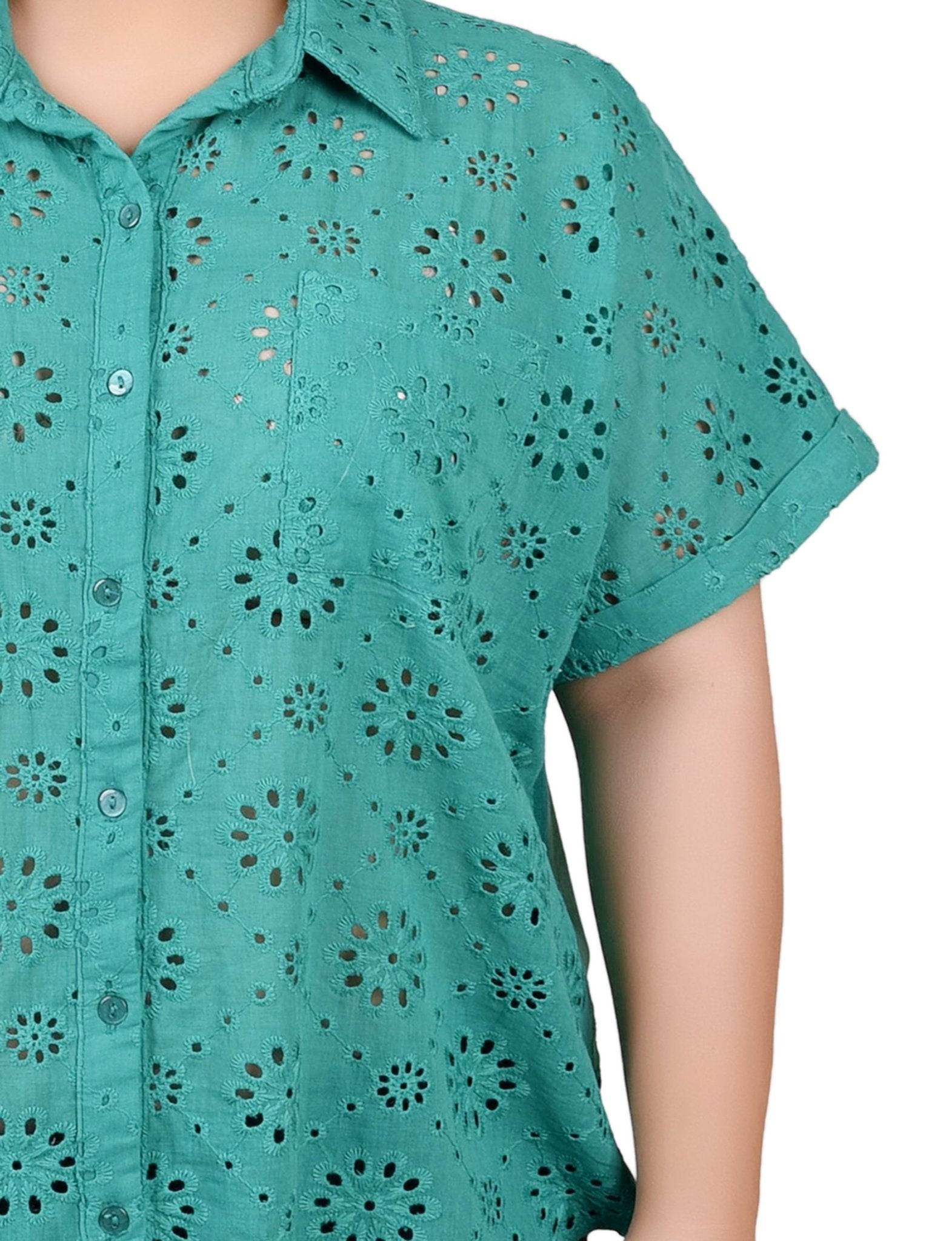 Short Sleeve Eyelet/Jersey Blouse - Plus