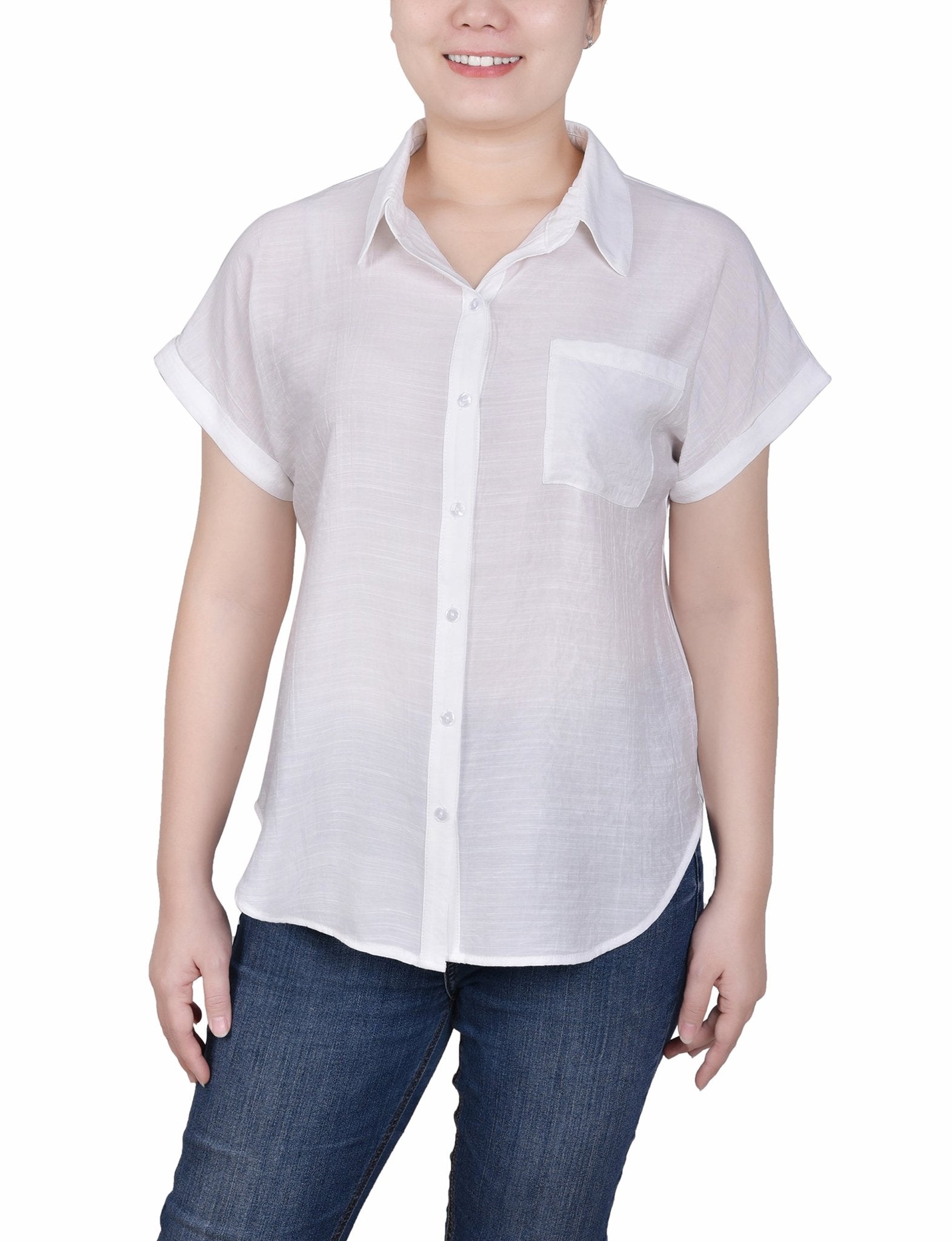 Short Sleeve Woven Front/Jersey Back Blouse - Petite
