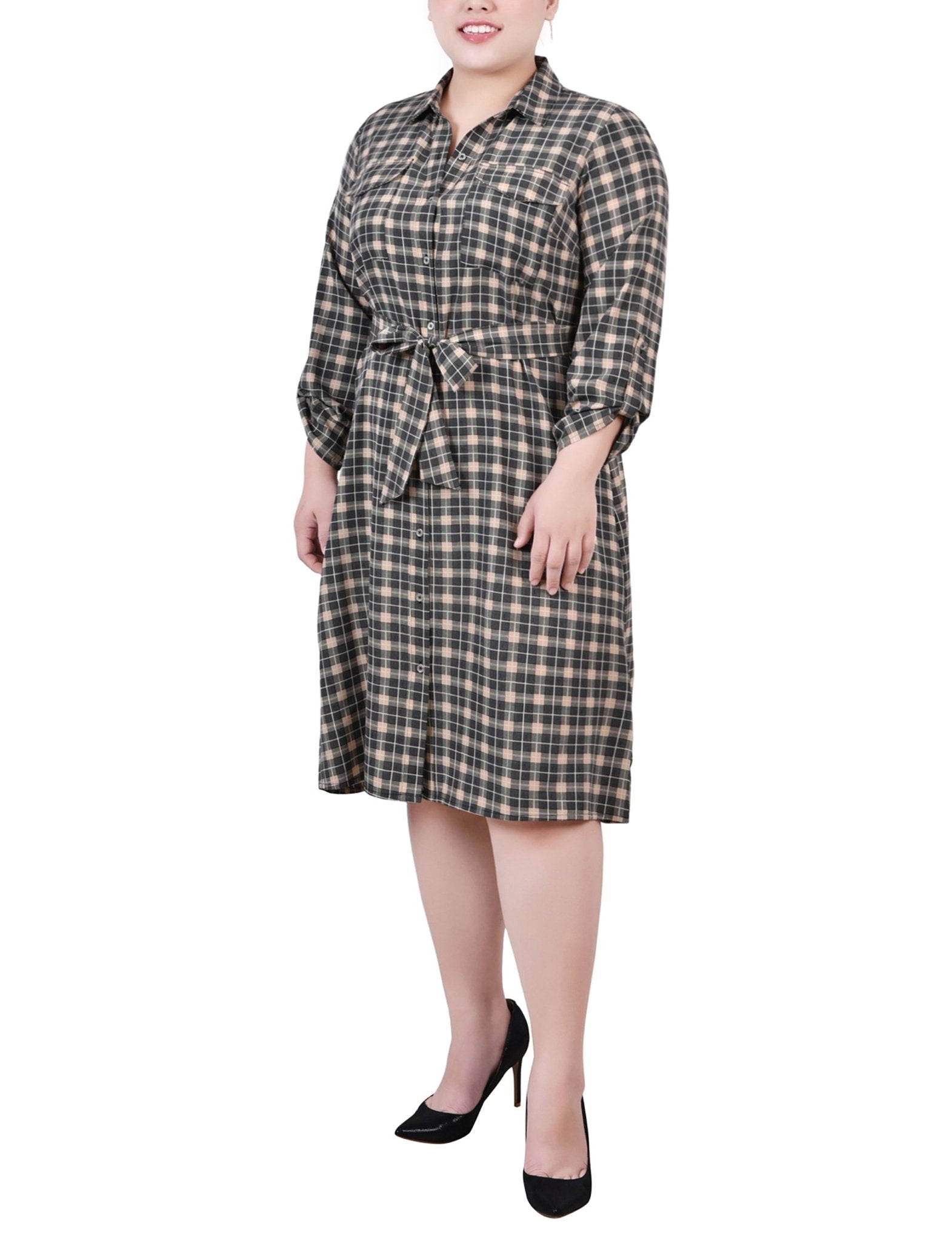 Beige Jet Benplaid 3/4 Roll Tab Sleeve Belted Shirtdress - Plus