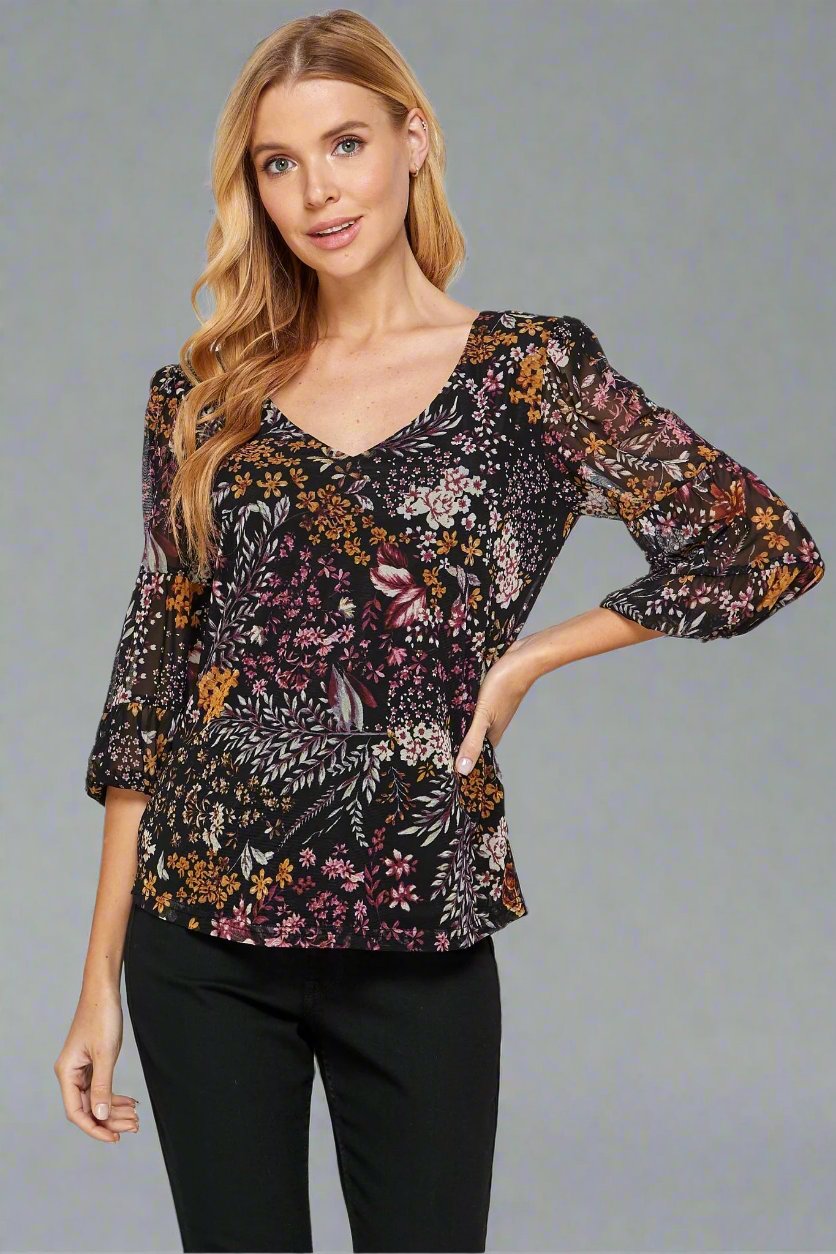 3/4 Length Bubble Sleeve Cutout Back Blouse