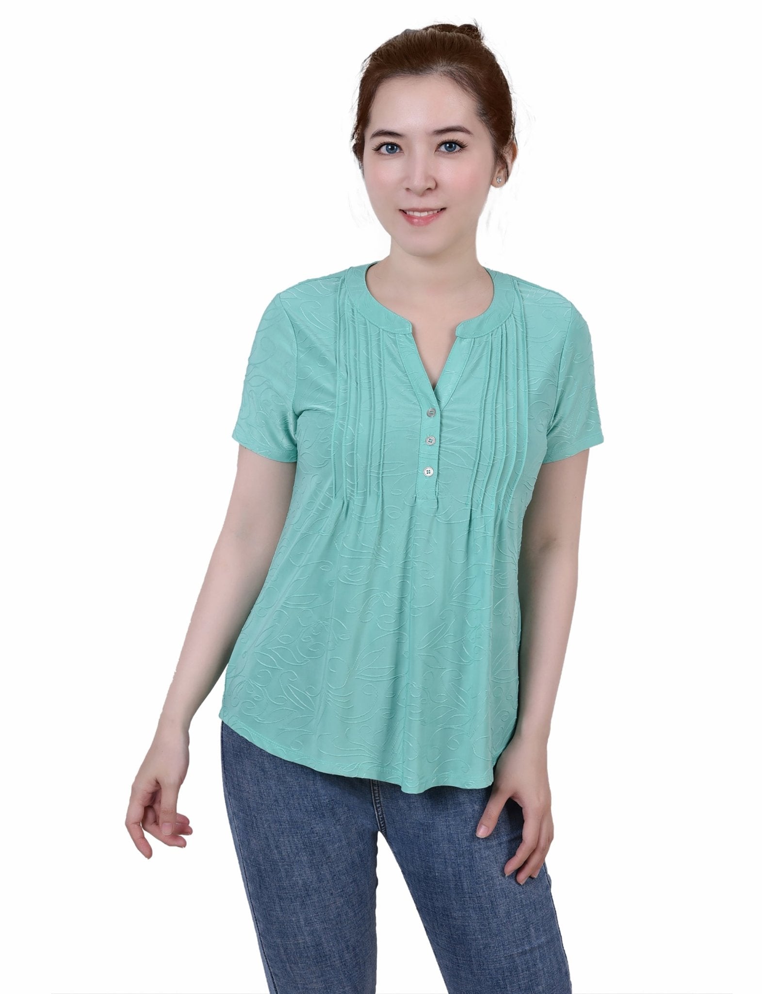 Bermuda Short Sleeve Y Neck Jacquard Knit Top - Petite