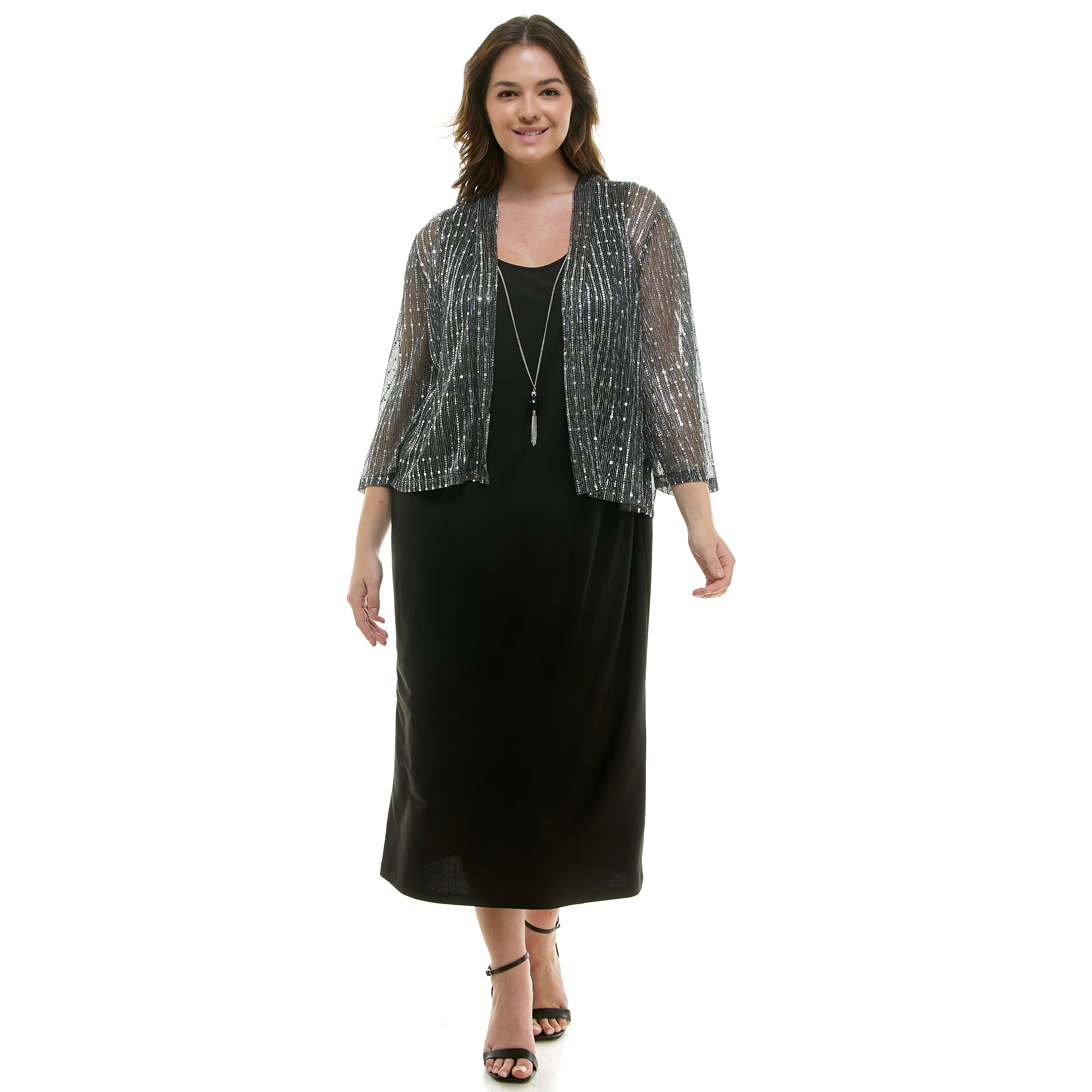 Striped Jacket Tank Dress with Detachable Necklace - Plus
