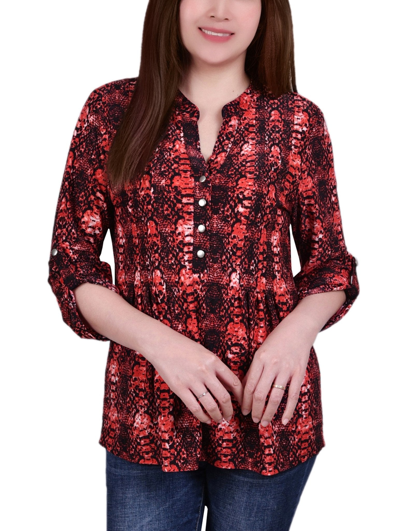 Berry Plaid 3/4 Sleeve Roll Tab Y Neck Top