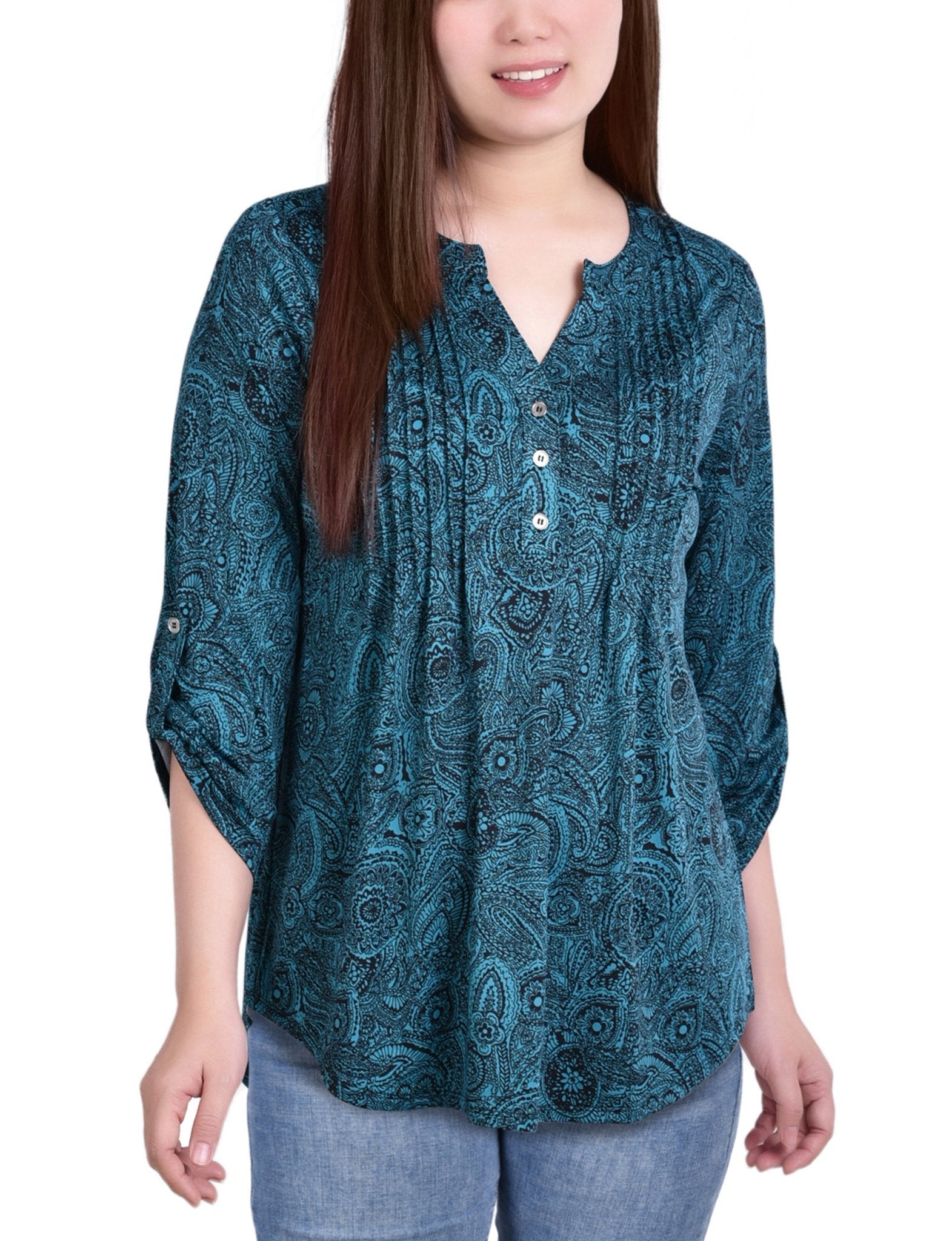 Teal Whisper 3/4 Bell Sleeve Pleat Front Y Neck Top - Petite