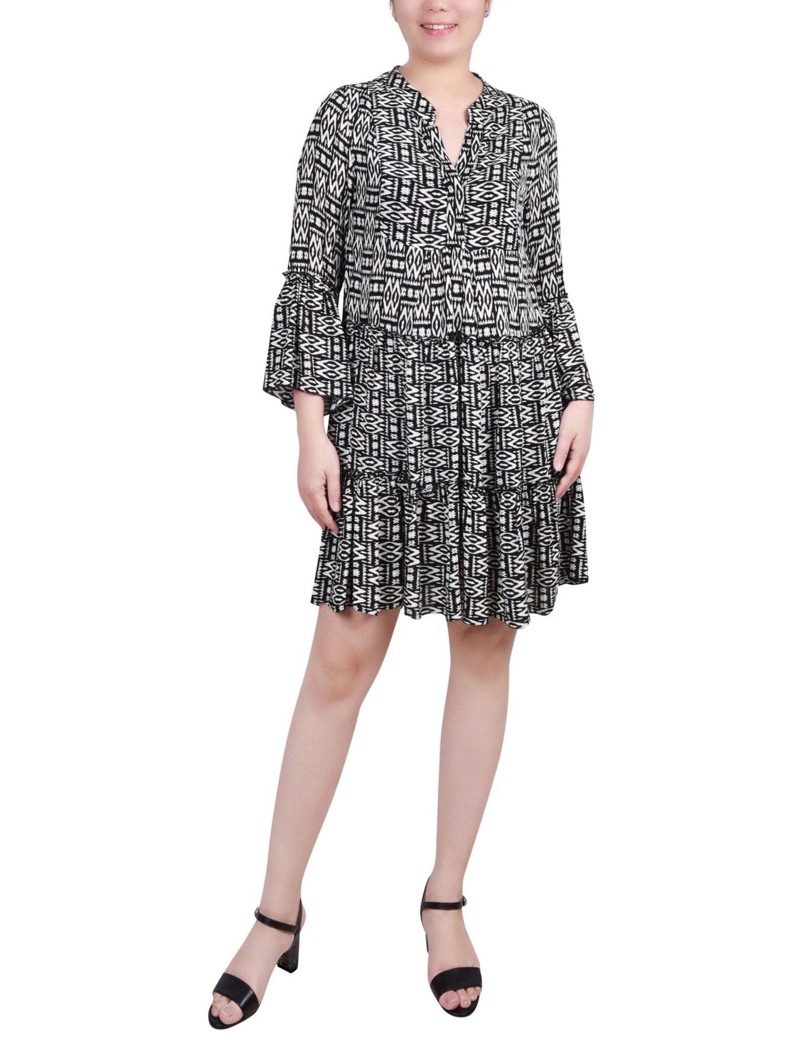 Tribal Black 3/4 Sleeve Tiered Dress - Petite