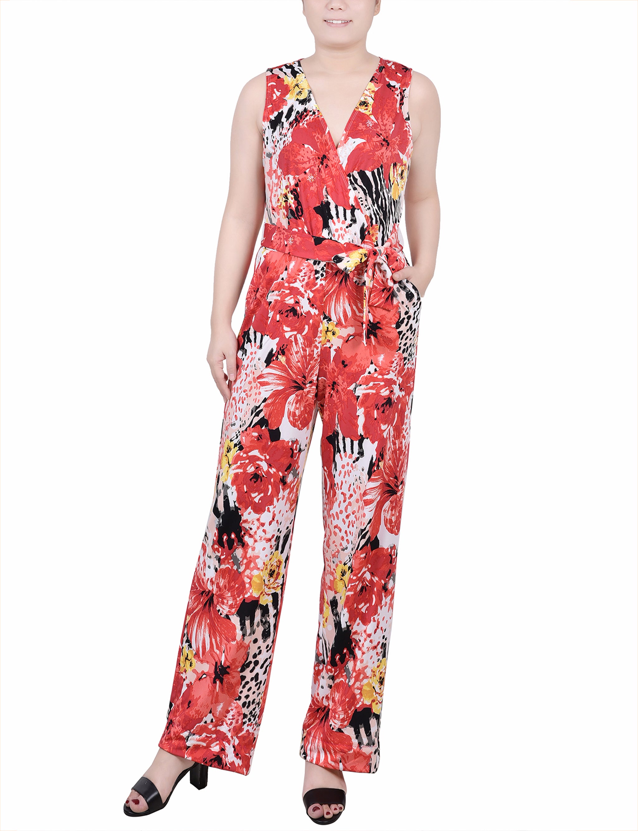 Tropical Sleeveless Belted Jumpsuit - Petite