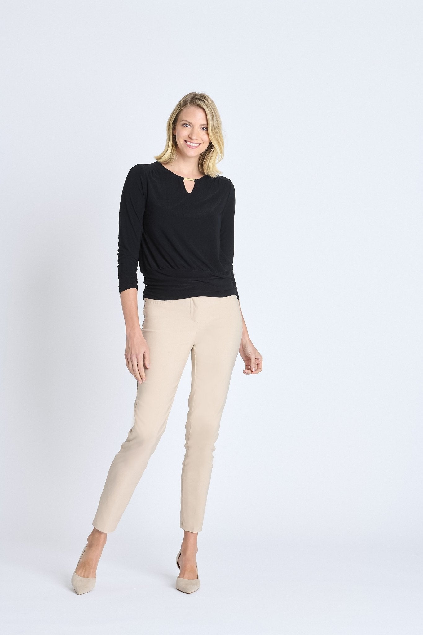 V-Neck Bar Trim Banded Top, Black