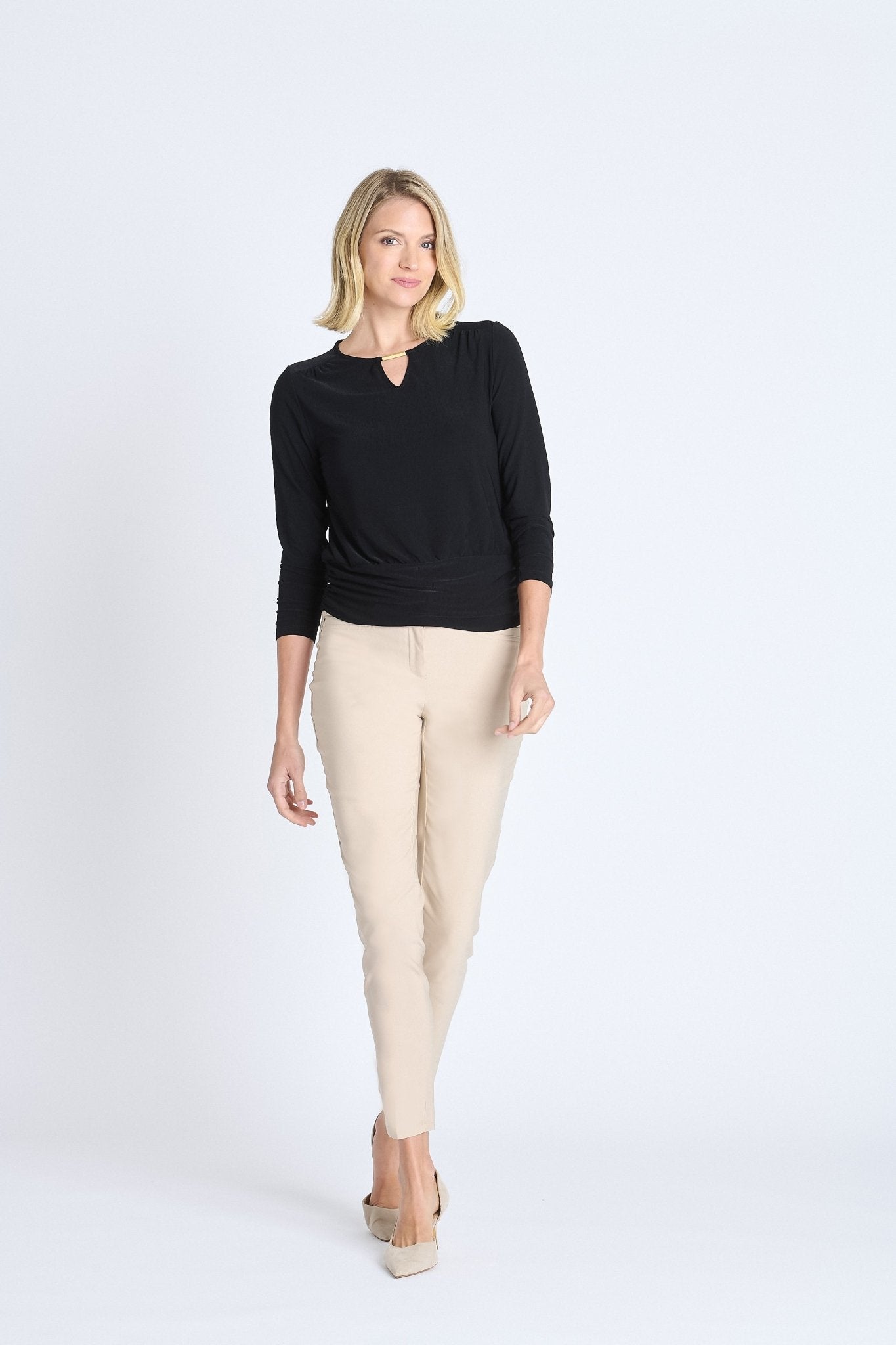 V-Neck Bar Trim Banded Top, Black