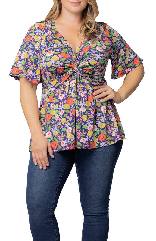 Vibrant Garden Print Abby Twist Front Top - Plus