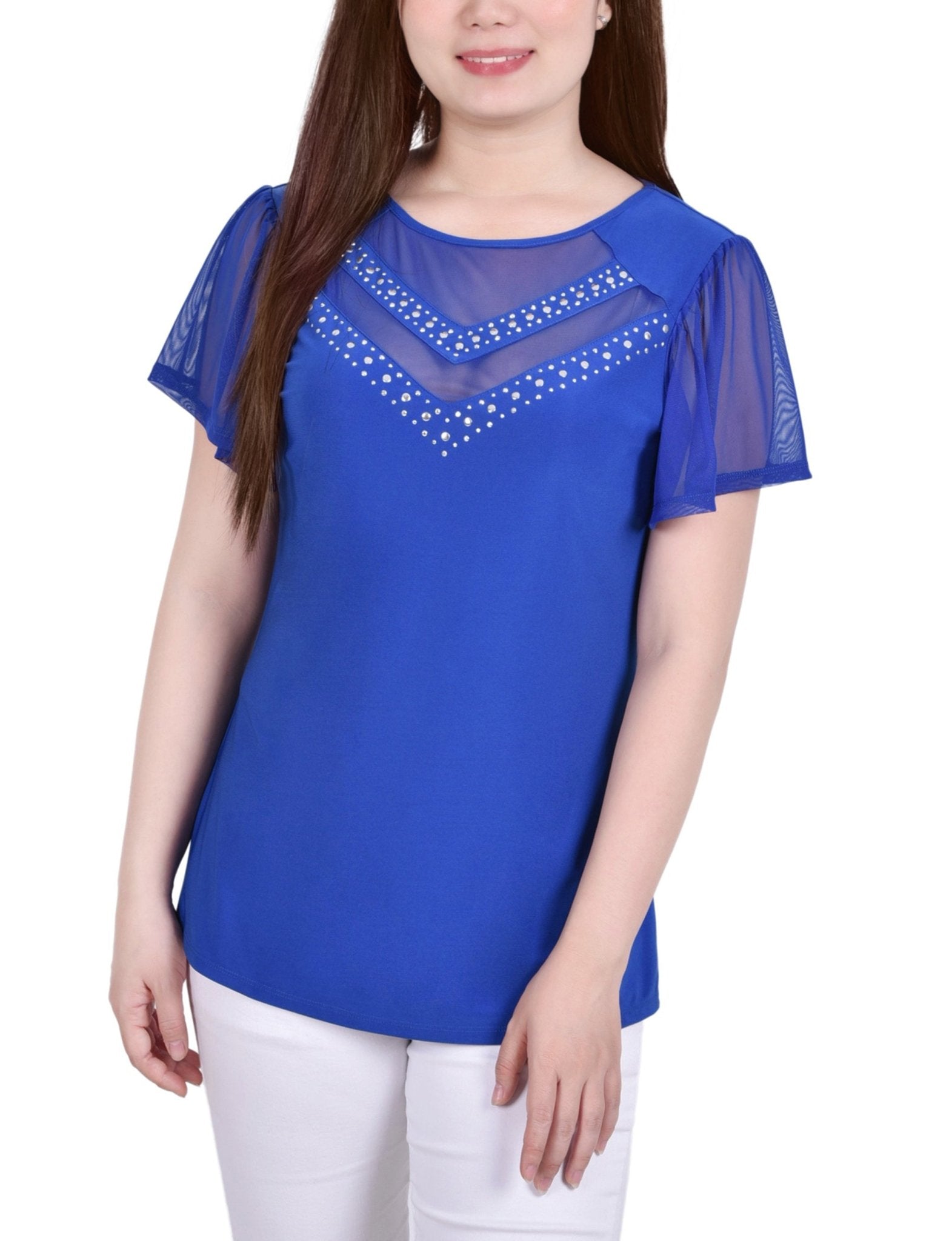 Victoria Blue Studded Short Flutter Sleeve Top With Mesh Details - Petite