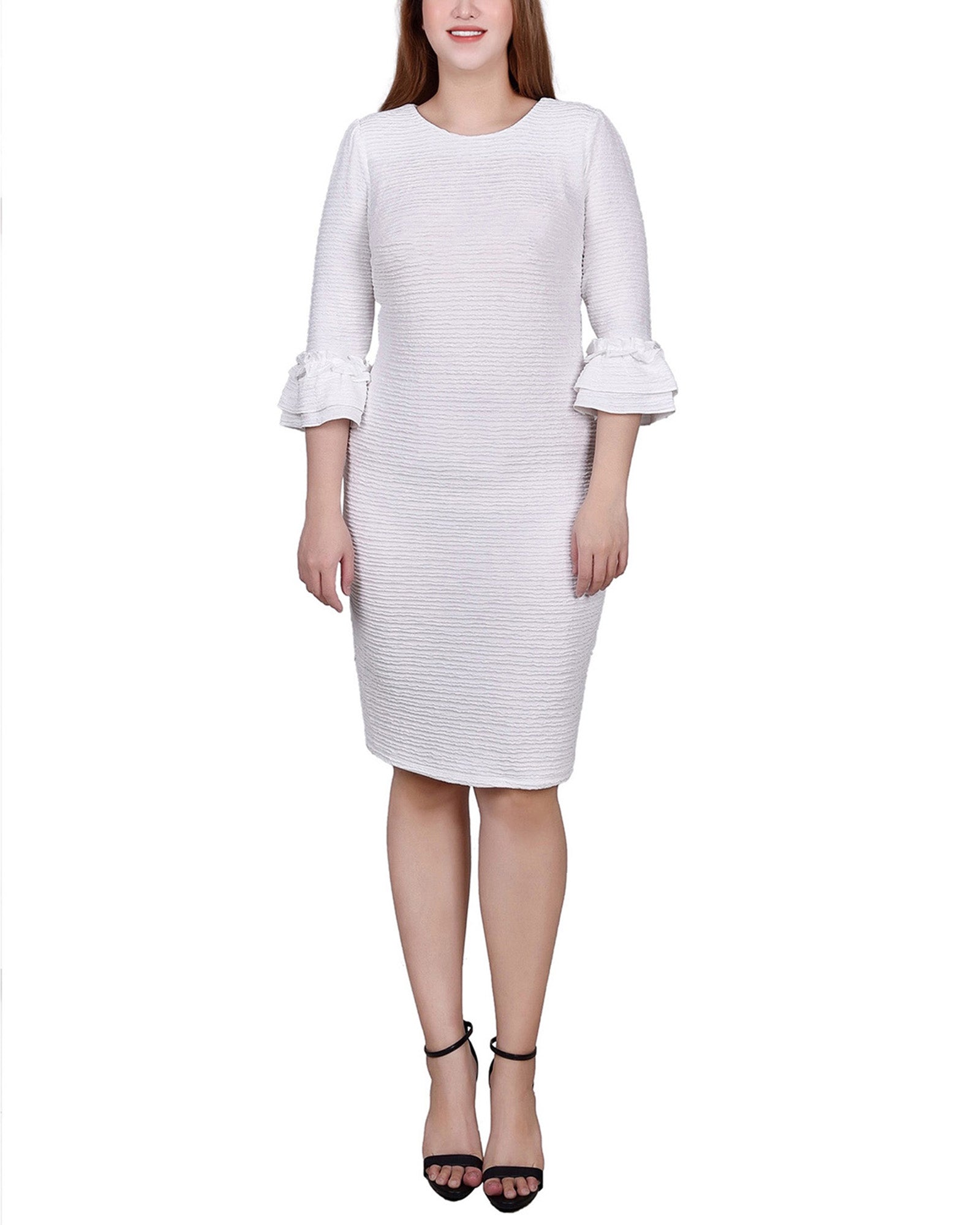 White 3/4 Sleeve Textured Knit Dress - Petite