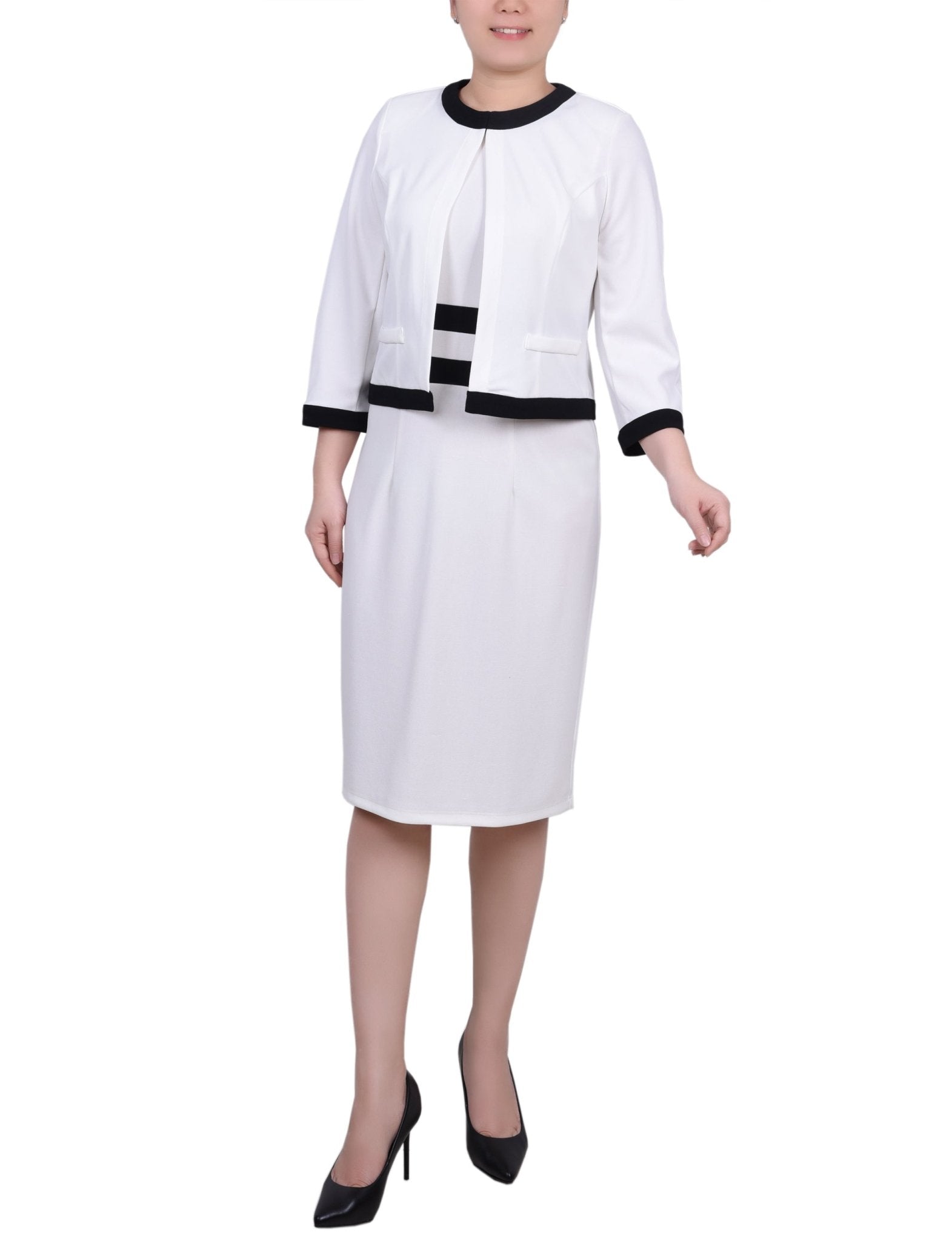 White Black Elbow Sleeve Colorblocked 2 Piece Dress Set