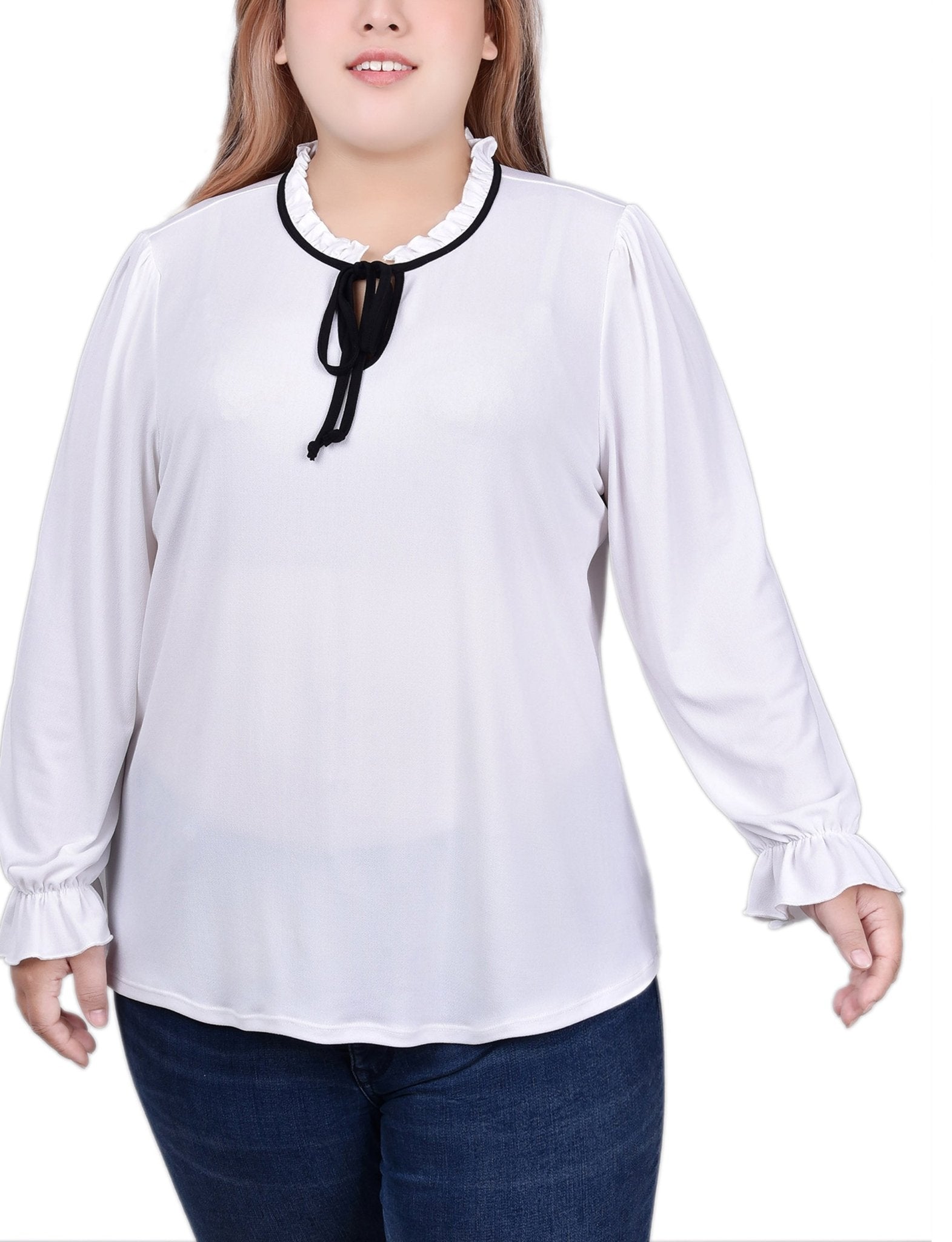 White Black Long Sleeve Tie Neck Top - Plus