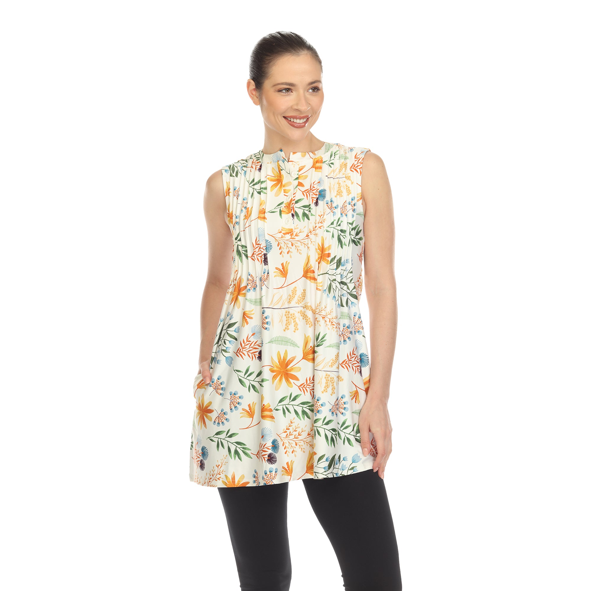 White Floral Sleeveless Tunic Top
