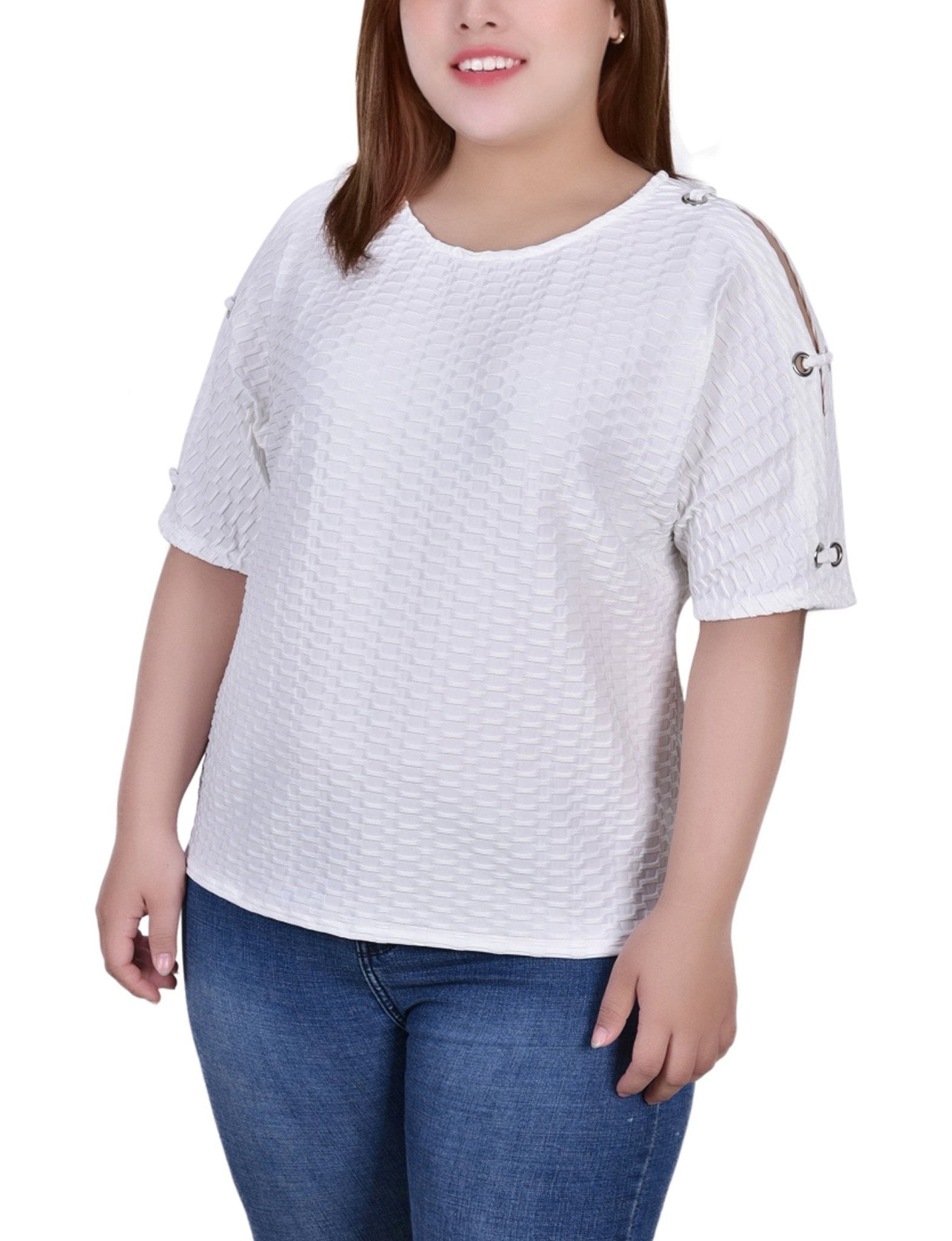 White Honeycomb Open Shoulder Tunic - Plus