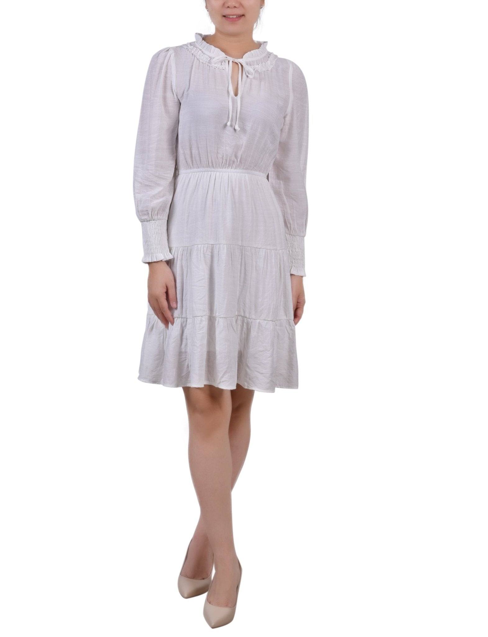 White Long Sleeve Tiered Dress With Ruffled Neck - Petite
