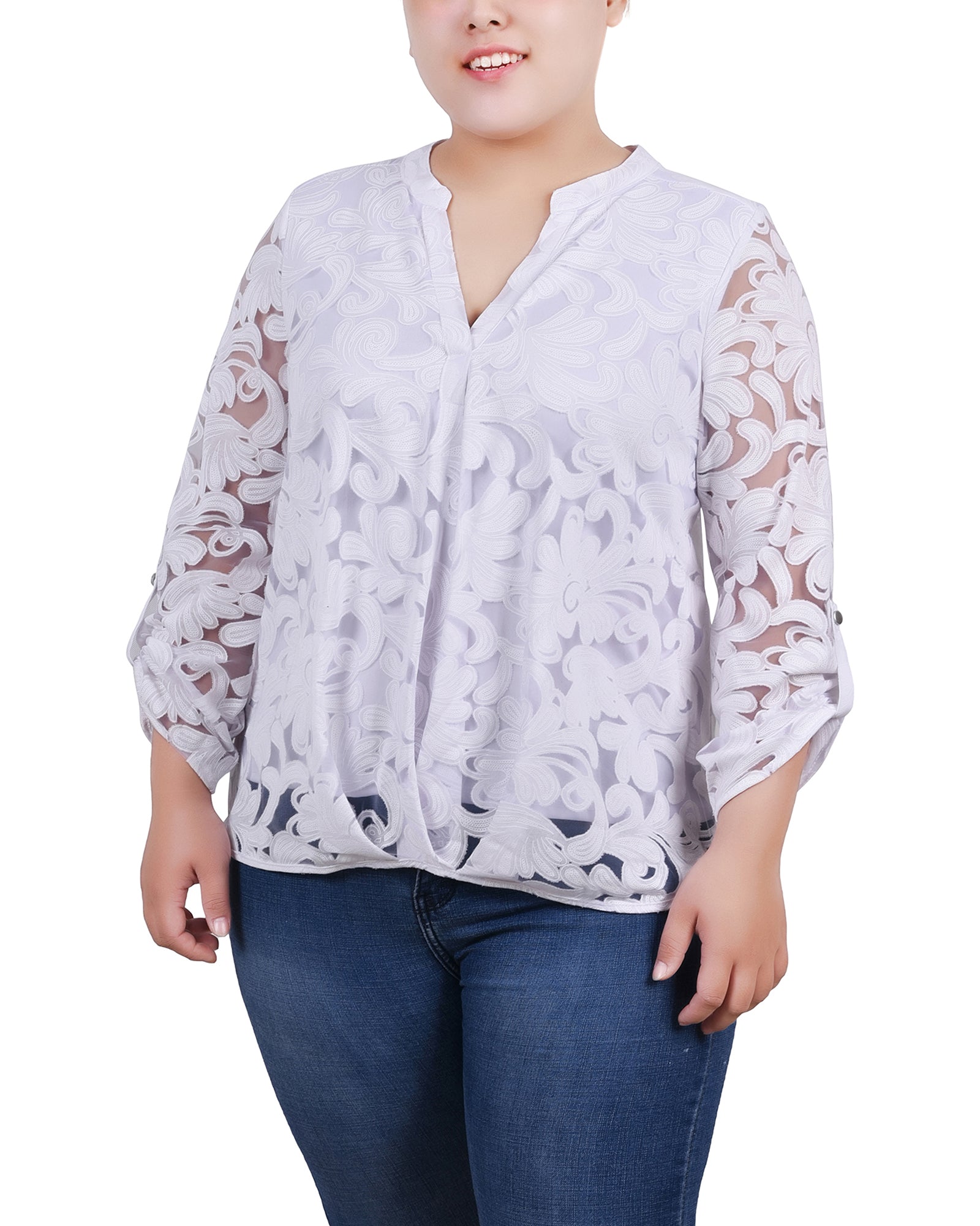 White Scrolleaf Long Sleeve Burnout Y Neck Blouse - Plus