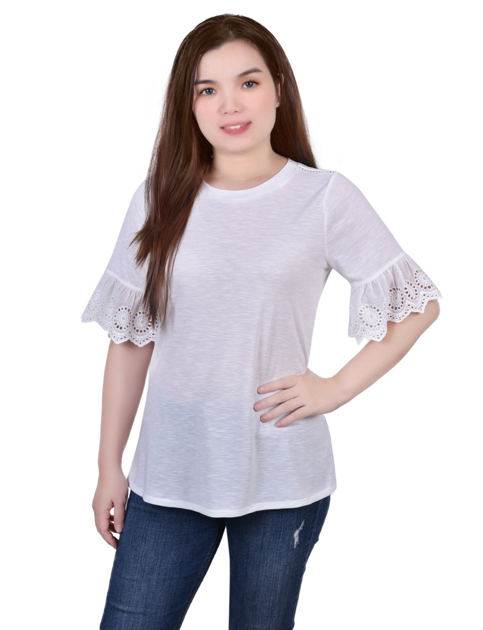 White Short Bell Sleeve Slubbed Top - Petite
