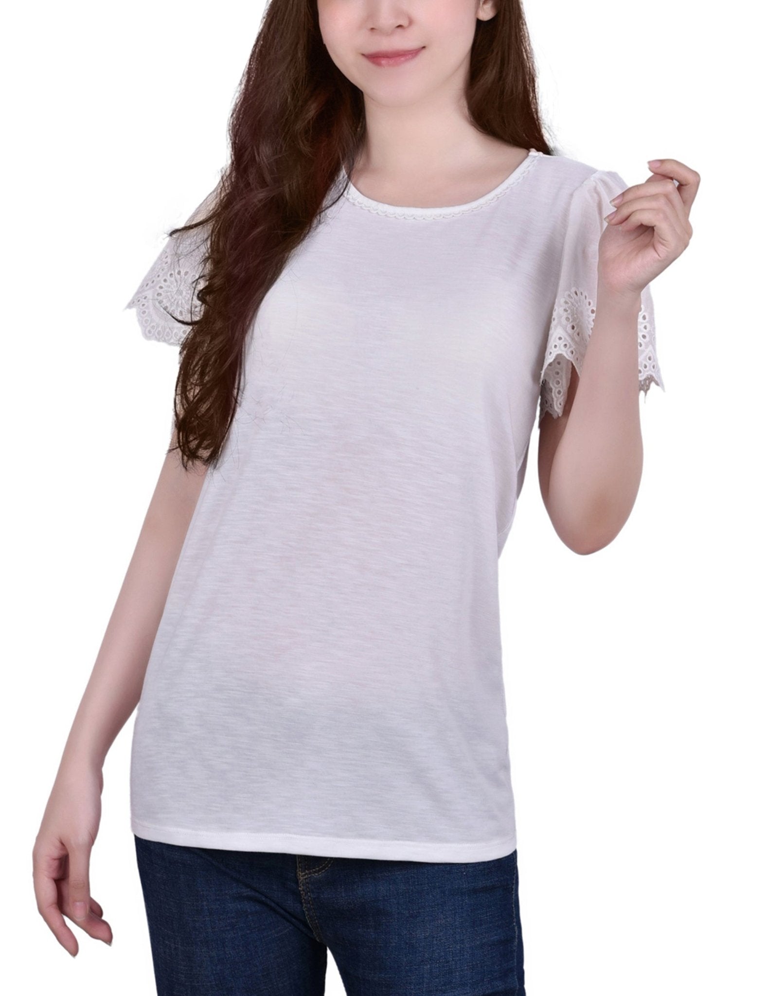 White Short Flutter Eyelet Sleeve Pullover - Petite