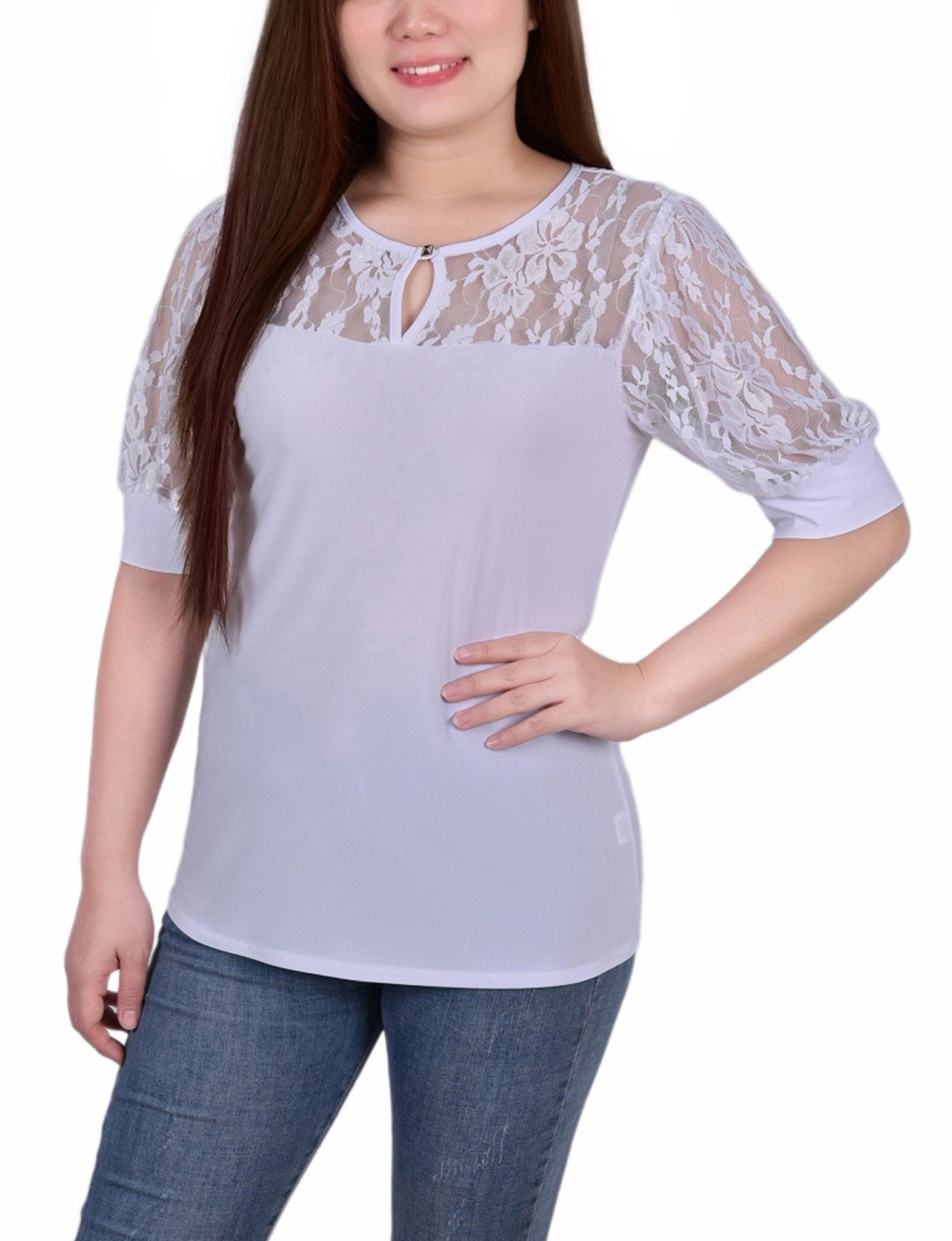 White Short Puff Sleeve Top With Lace Sleeves And Yoke