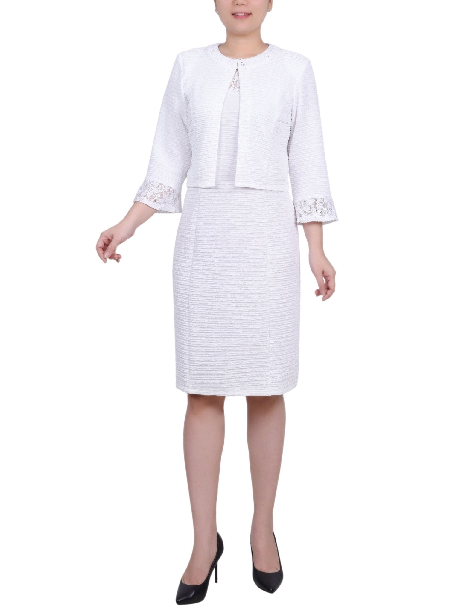 White Two Piece Novelty Knit and Lace Dress Set
