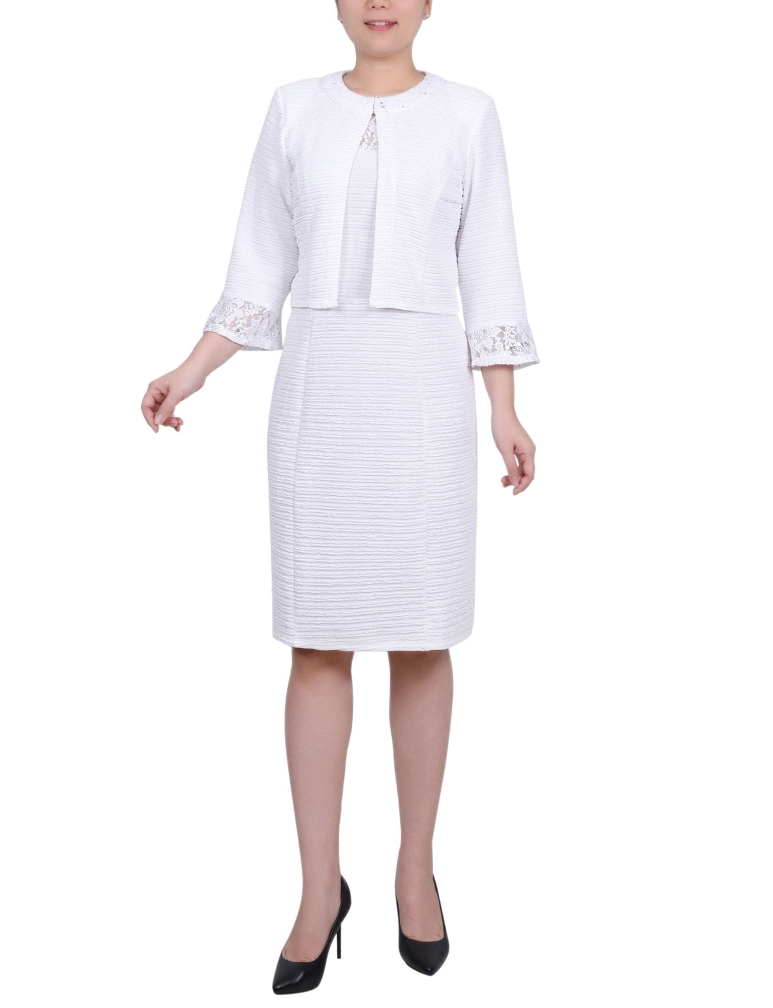 White Two Piece Novelty Knit and Lace Dress Set - Petite
