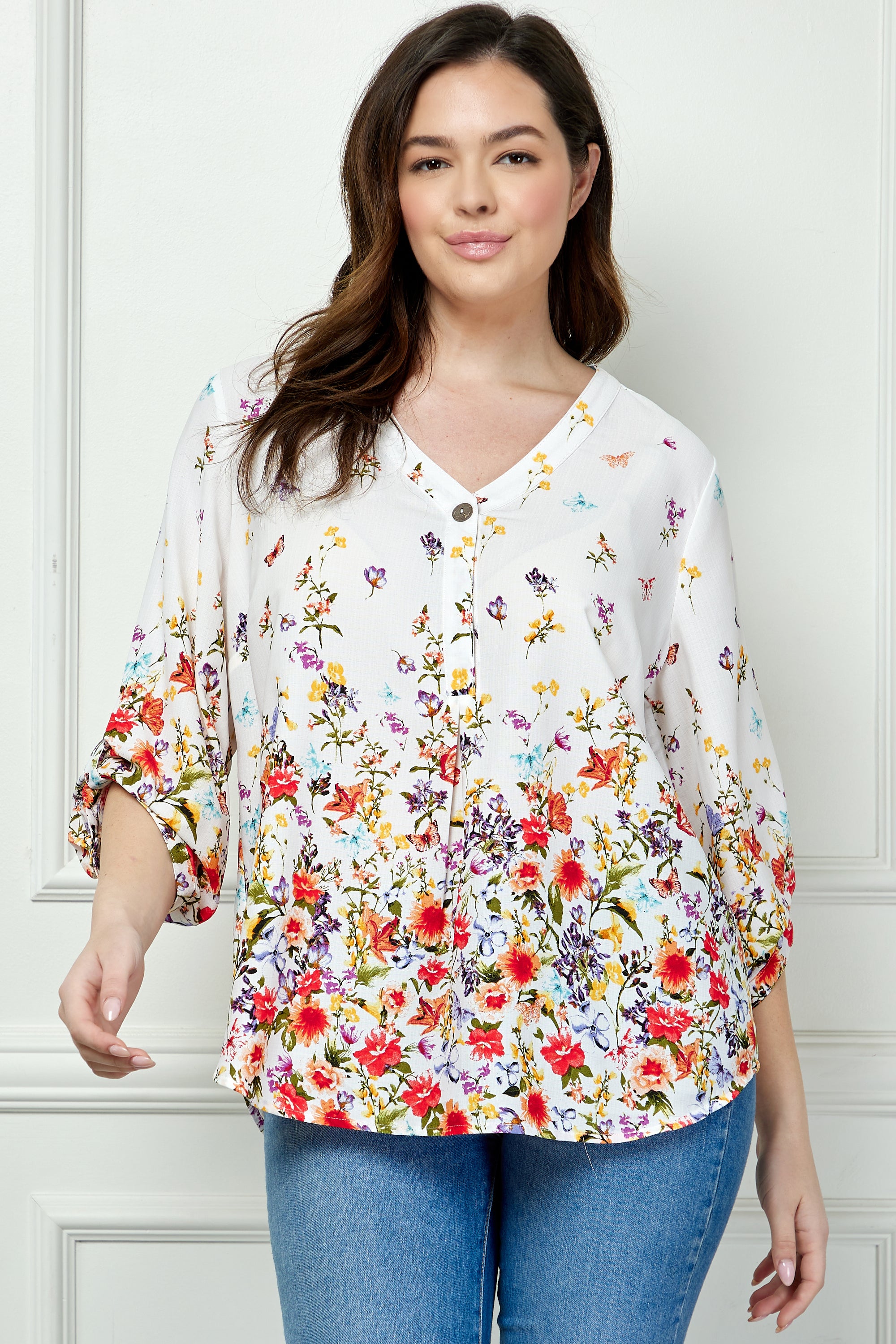Wildflower 3/4 Button Tab Sleeve Big Button V-Neck Border Print Blouse - Plus