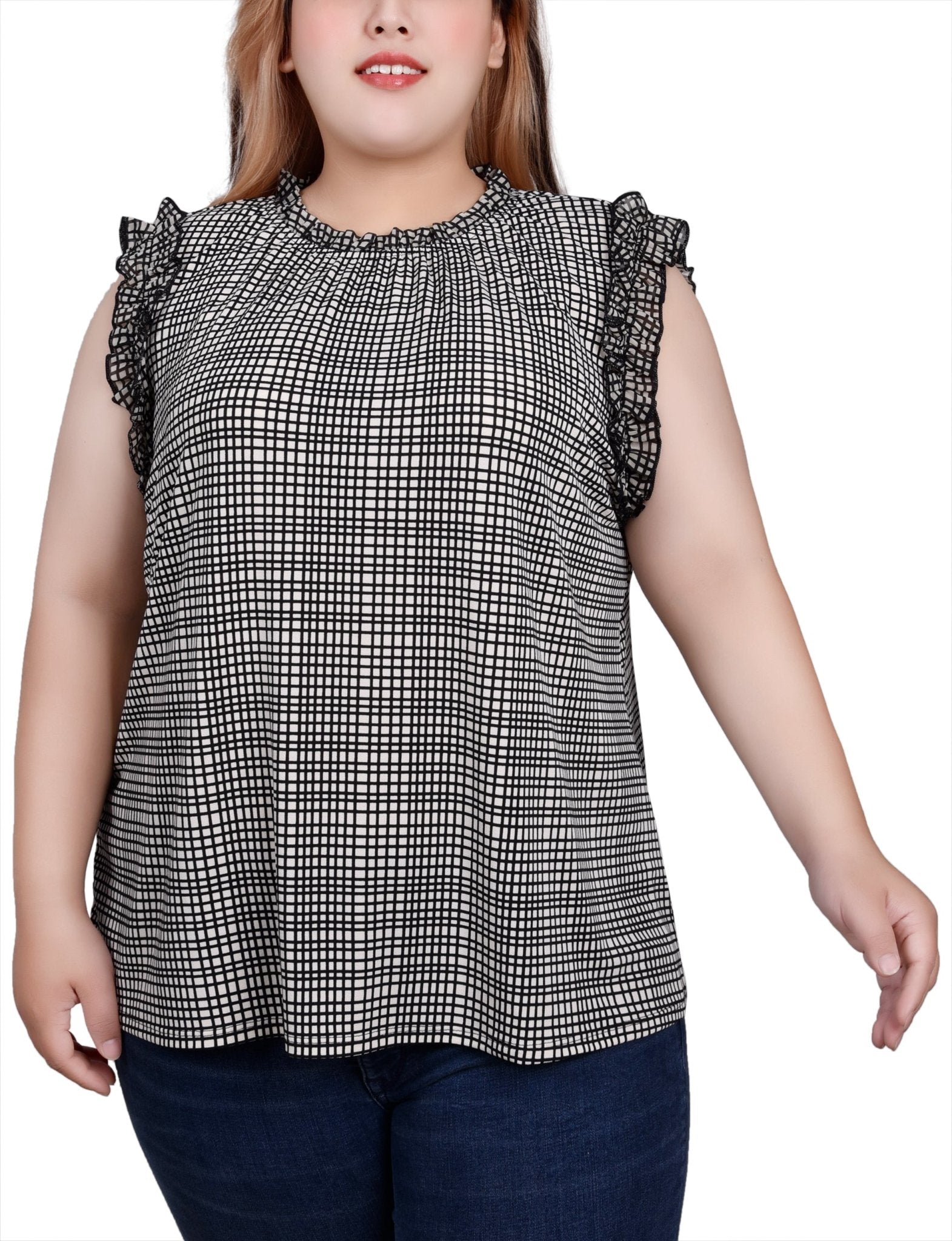 Windowpane Sleeveless Crepe Top With Chiffon Ruffles - Plus