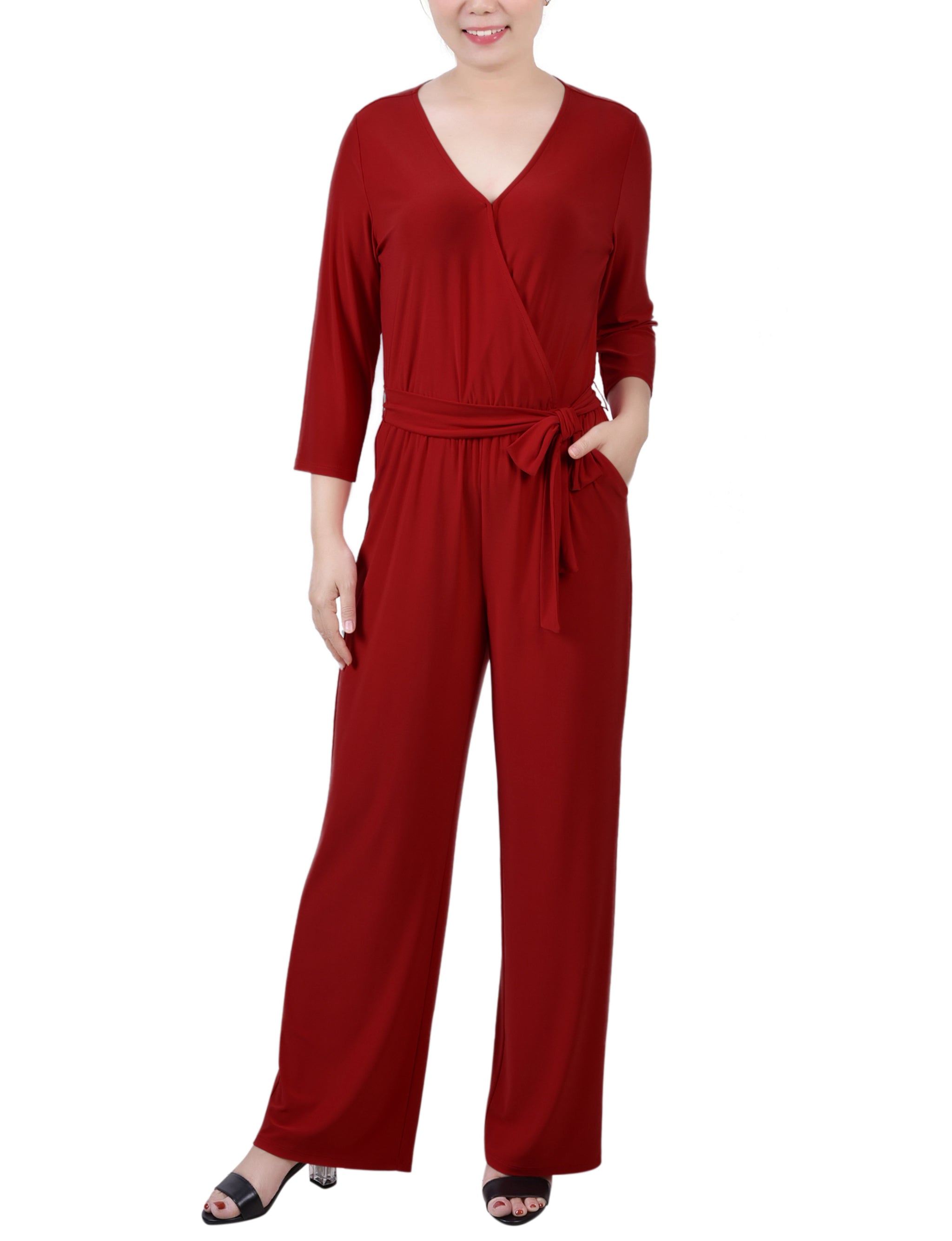 Wine 3/4 Sleeve Belted Jumpsuit