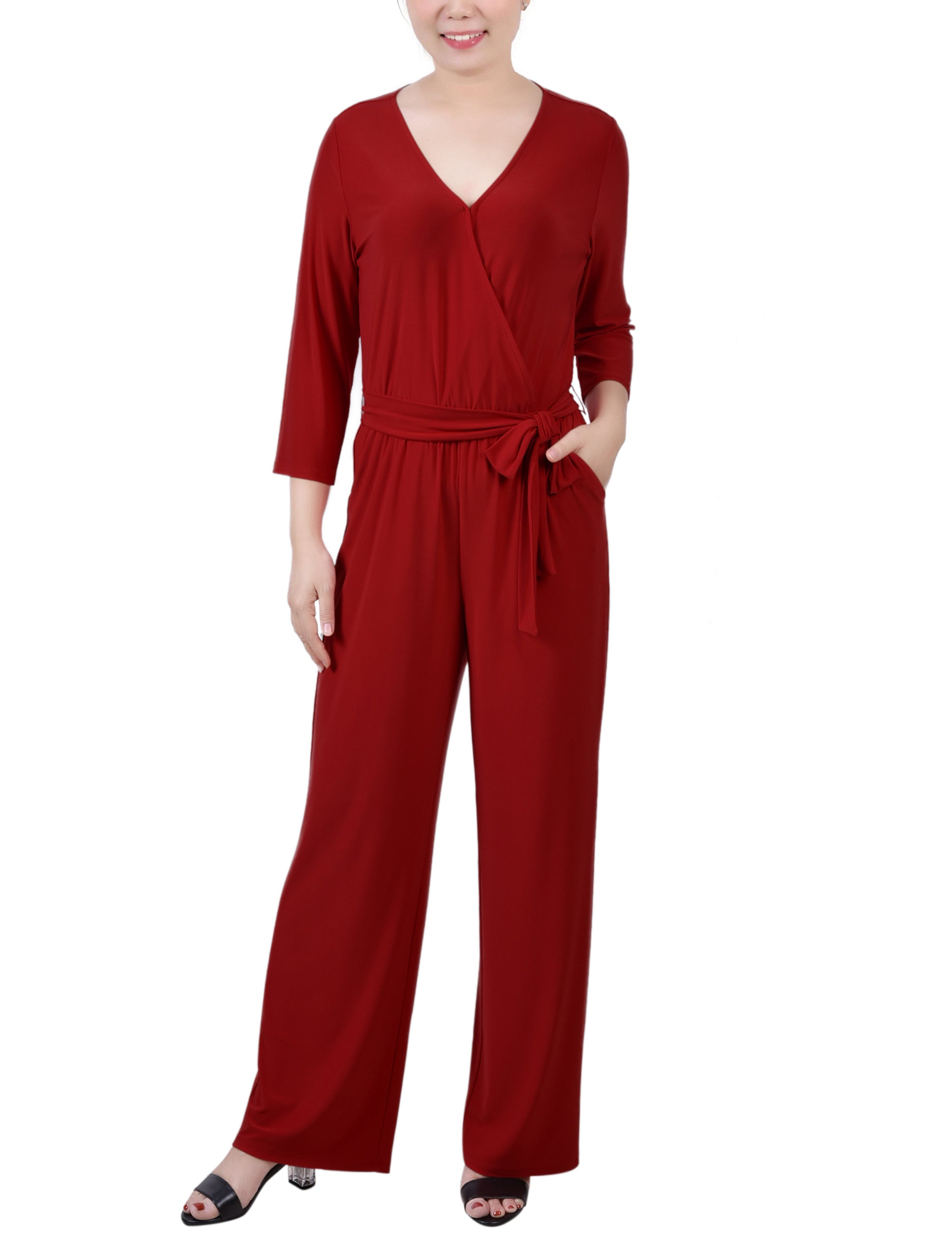 Wine 3/4 Sleeve Belted Jumpsuit - Petite