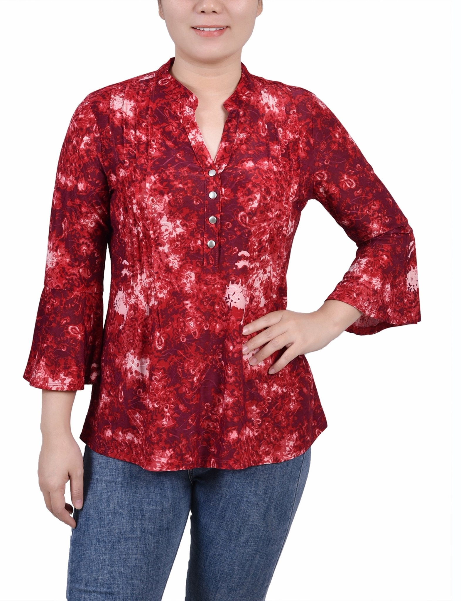 Wine Geobreeze 3/4 Bell Sleeve Pleat Front Y Neck Top - Petite