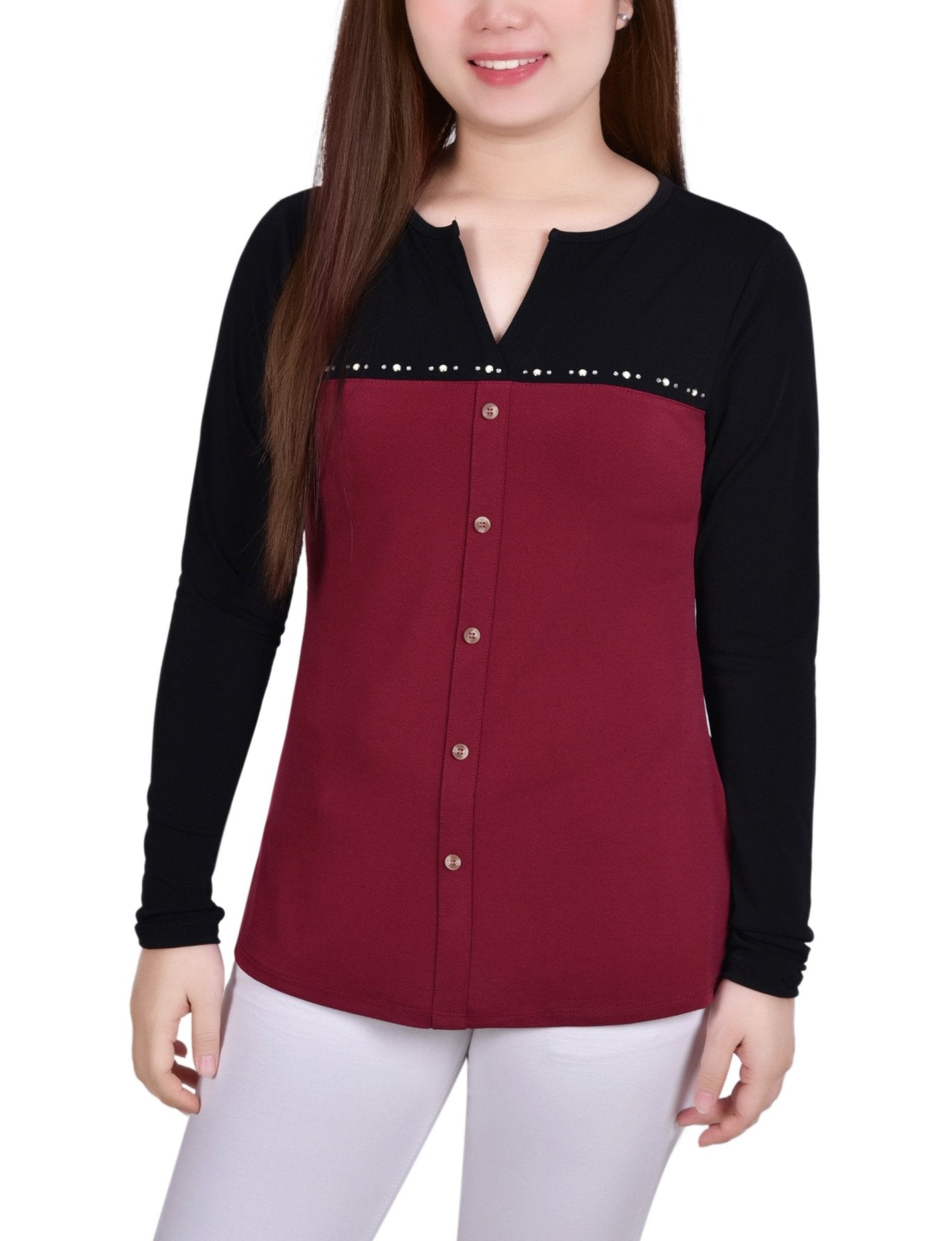Wine Long Sleeve Studded Colorblocked Split Neck Top - Petite