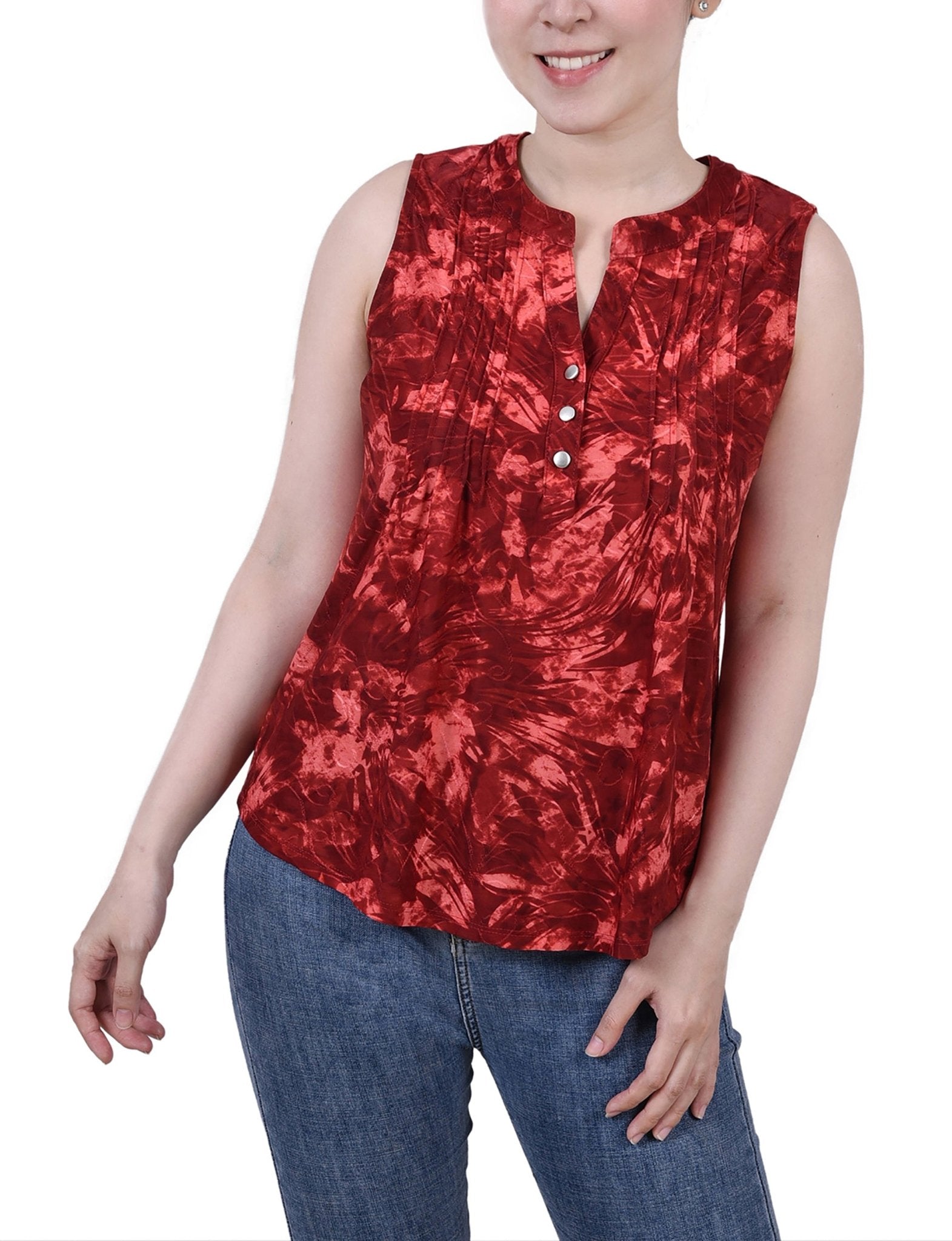 Wine Tie Dye Sleeveless Jacquard Y Neck Top - Petite