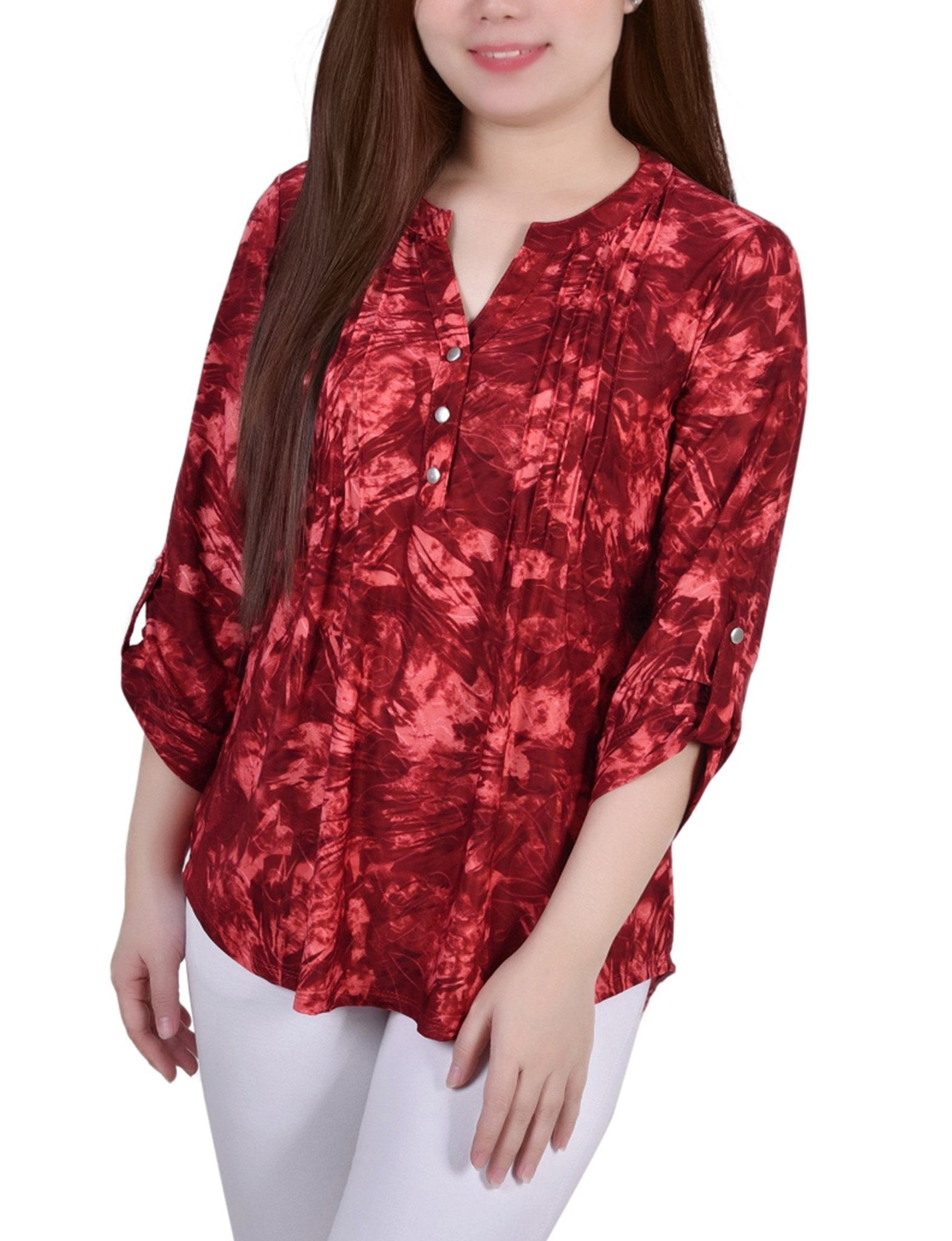 Wine Tiedye 3/4 Sleeve Blouse With Necklace - Petite