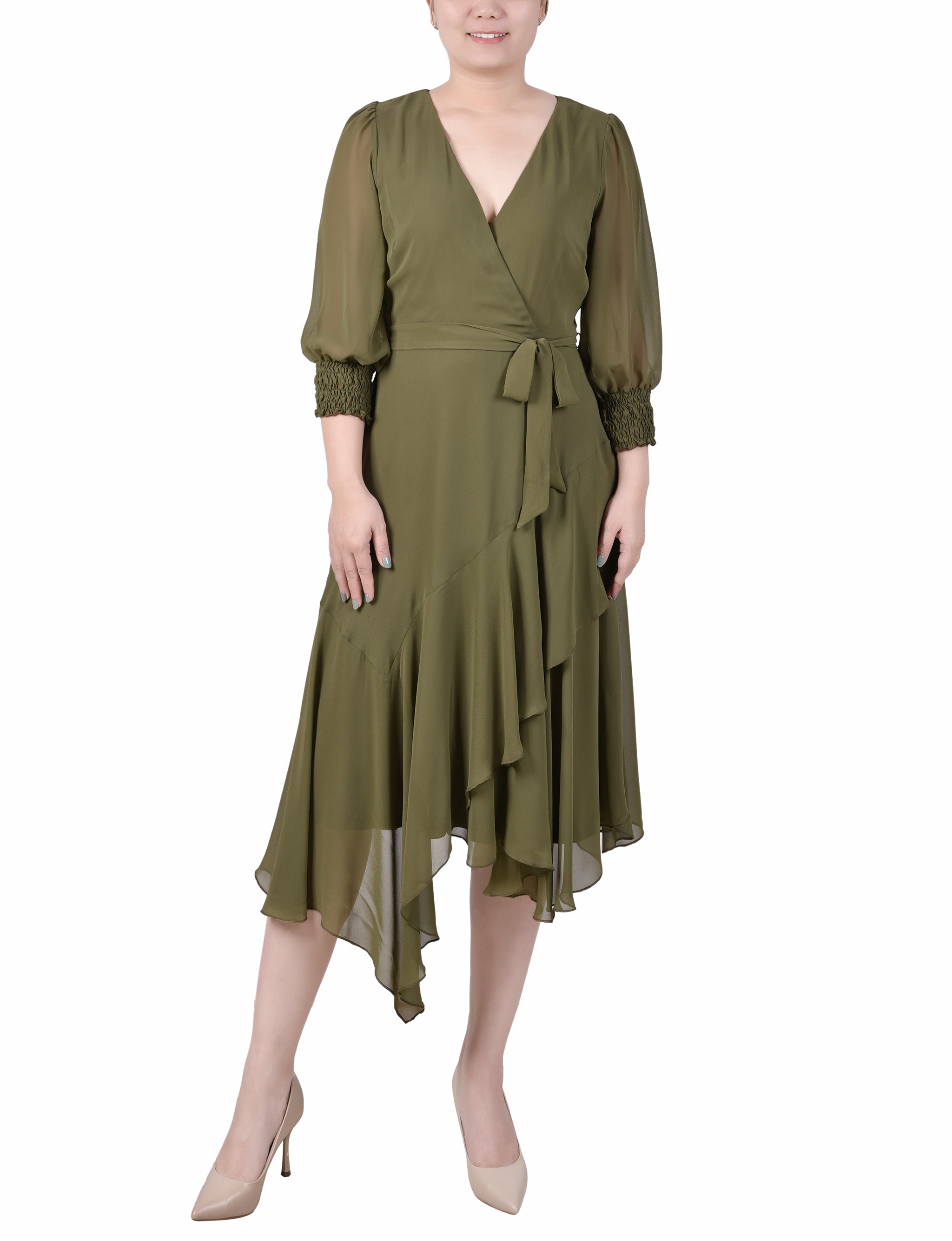 Winter Moss 3/4 Sleeve Belted Chiffon Hankerchief Hem Dress