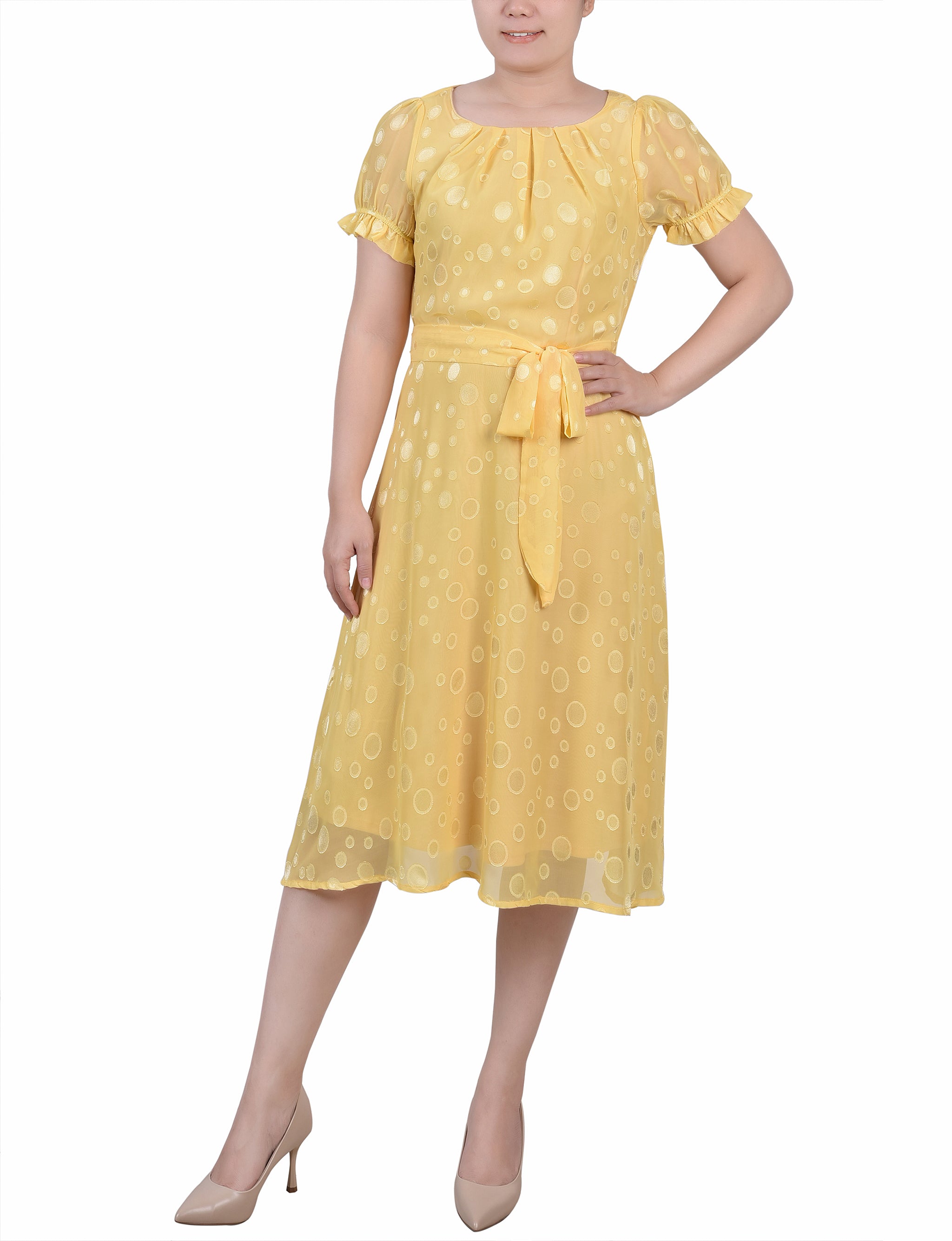 Yellow Multi Circle Short Sleeve Belted Swiss Dot Dress