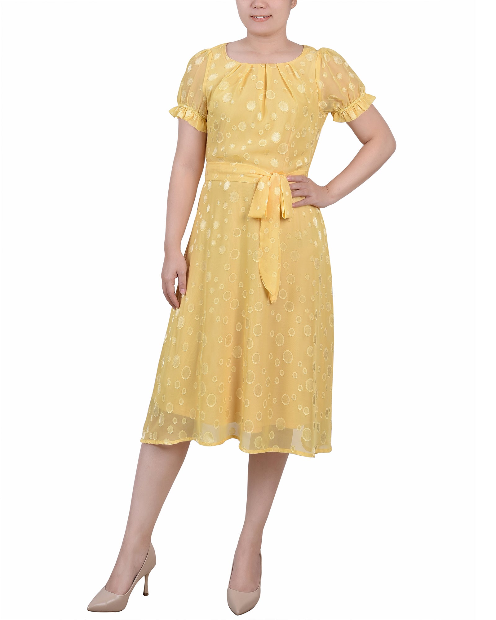 Yellow Multi Circle Short Sleeve Belted Swiss Dot Dress - Petite