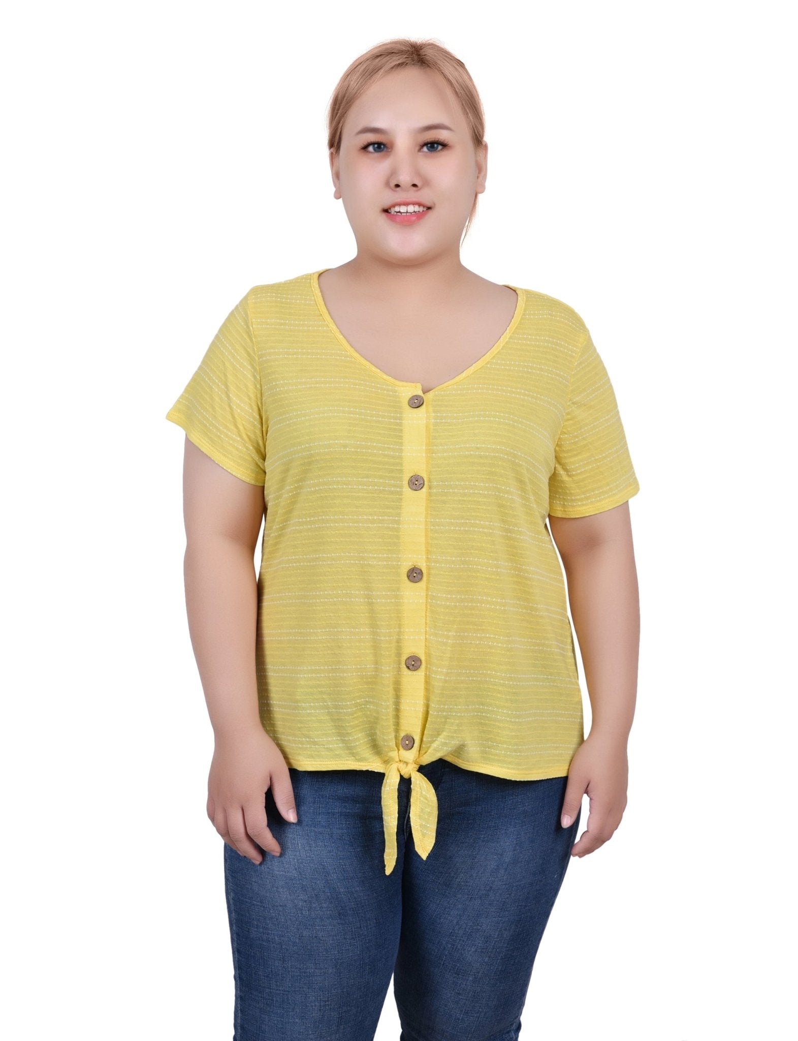 Yellow Short Sleeve Tie Front Top - Plus