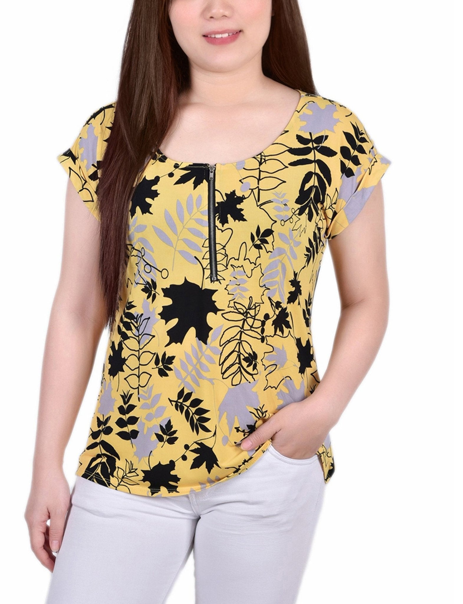 Yellow Silver Black Short Extended Sleeve Zip Top
