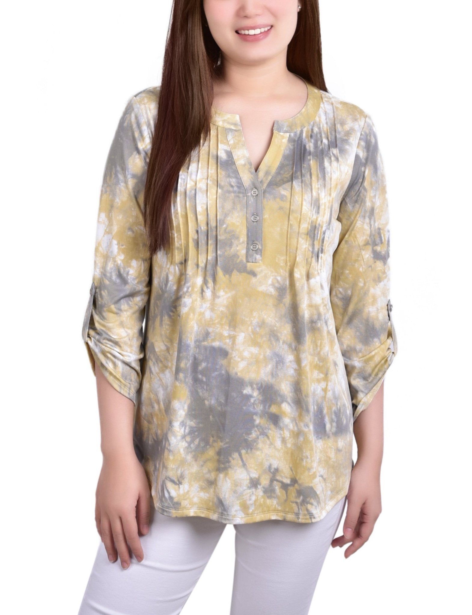 Yellow Tiedye 3/4 Bell Sleeve Pleat Front Y Neck Top - Petite