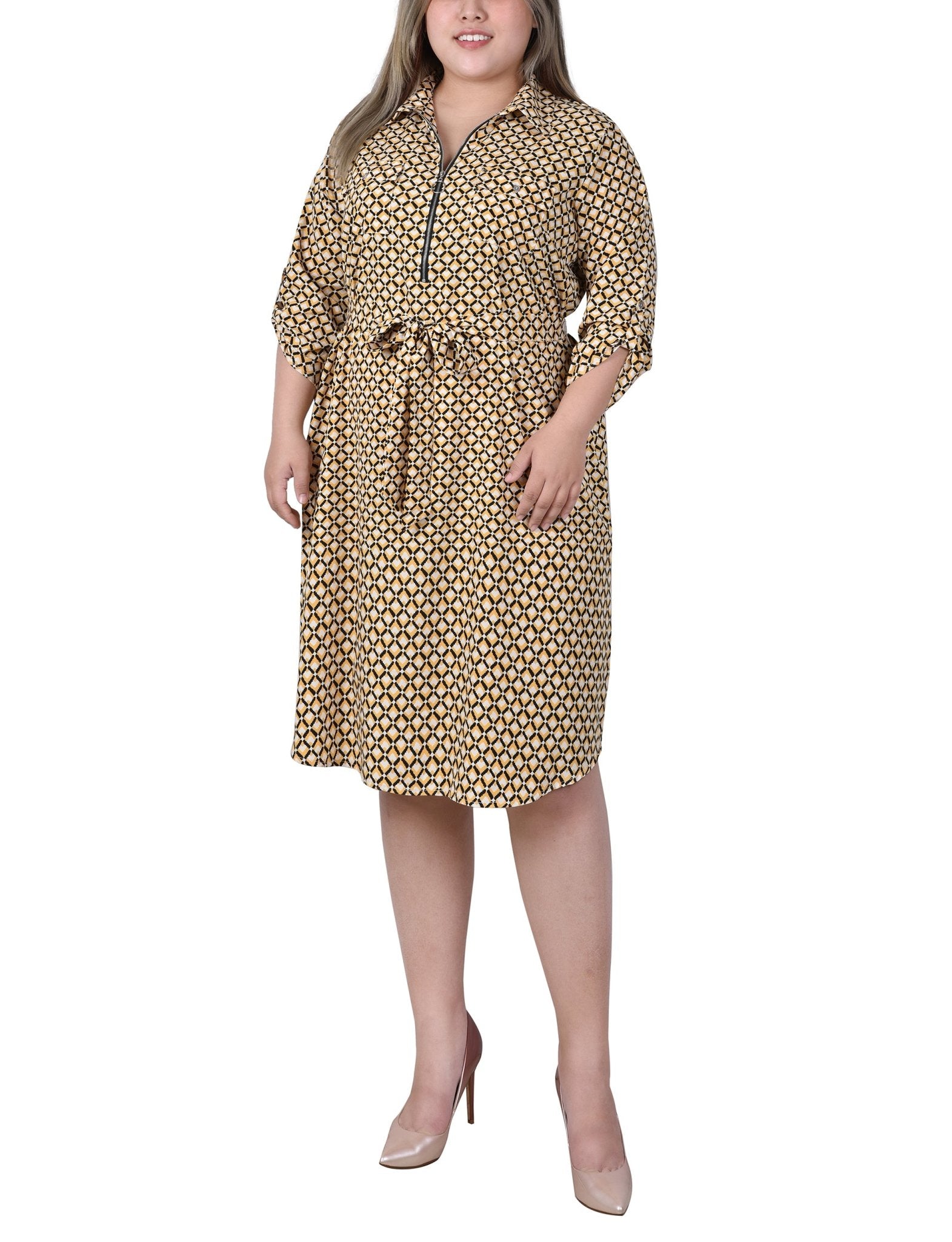 Yellow White Black Diamond 3/4 Roll Tab Sleeve Zippered Shirtdress - Plus