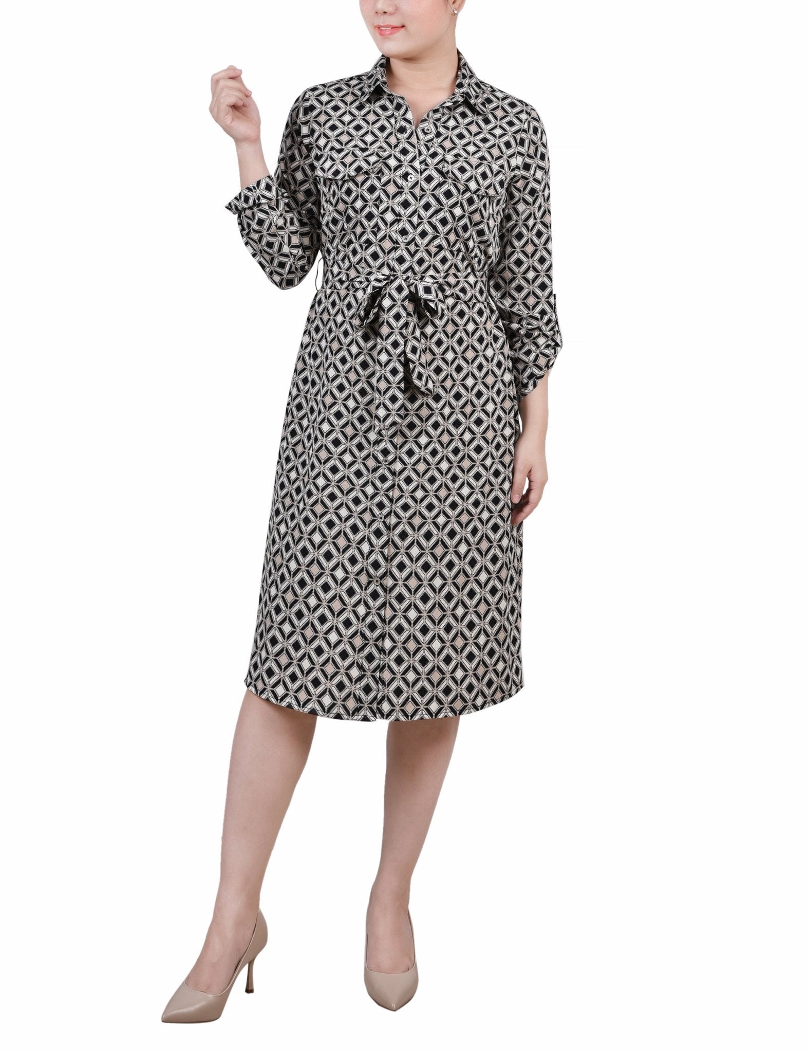 Black Doeskin Geo 3/4 Roll Tab Sleeve Belted Shirtdress - Petite